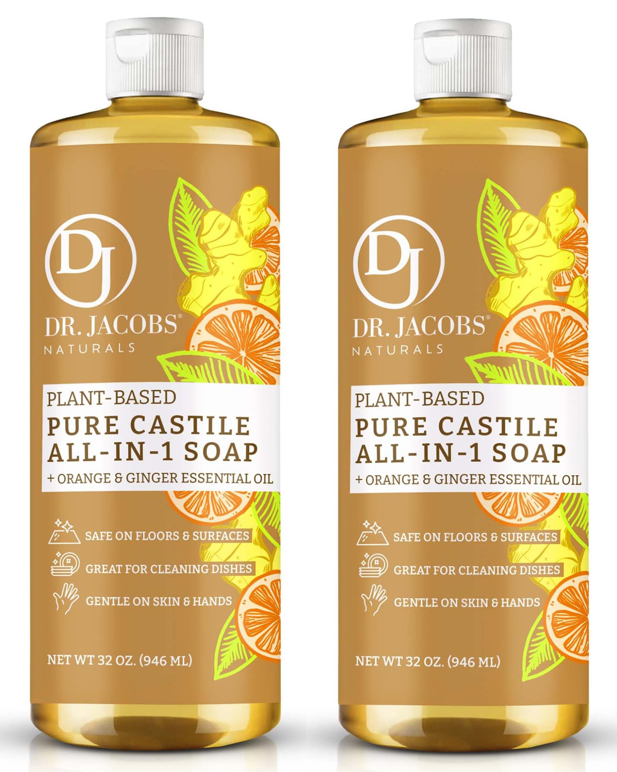 Dr. Jacobs Naturals Orange & Ginger Castile All-in-One Cleaner and Soap - Plant-Based Formula for House Cleaning Floors and Appliances - Gentle on