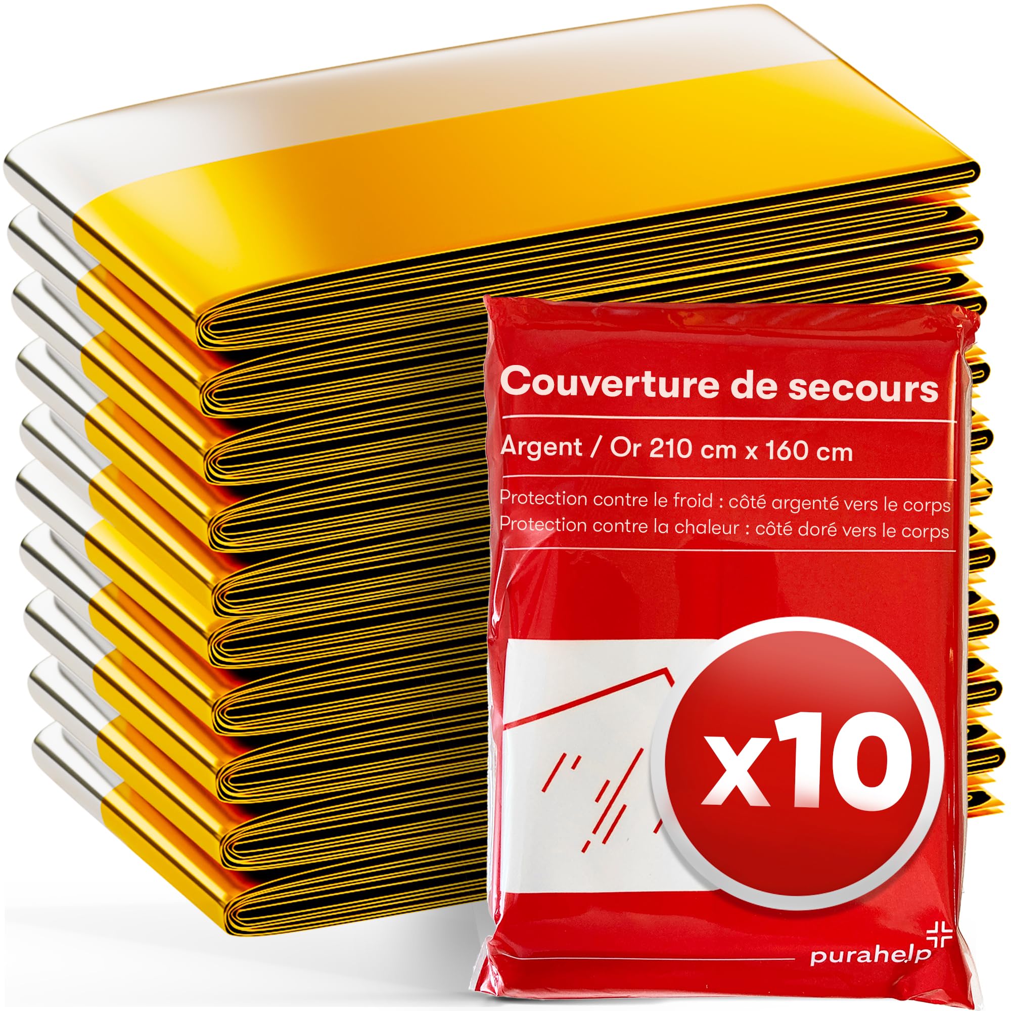 PURAHELP® Couverture de Survie [Lot de 10] - 210 x 160 cm | Couvertures d'Urgence pour Premiers Secours, Randonnée & Voiture - Imperméable pour Camping, Outdoor & Urgences