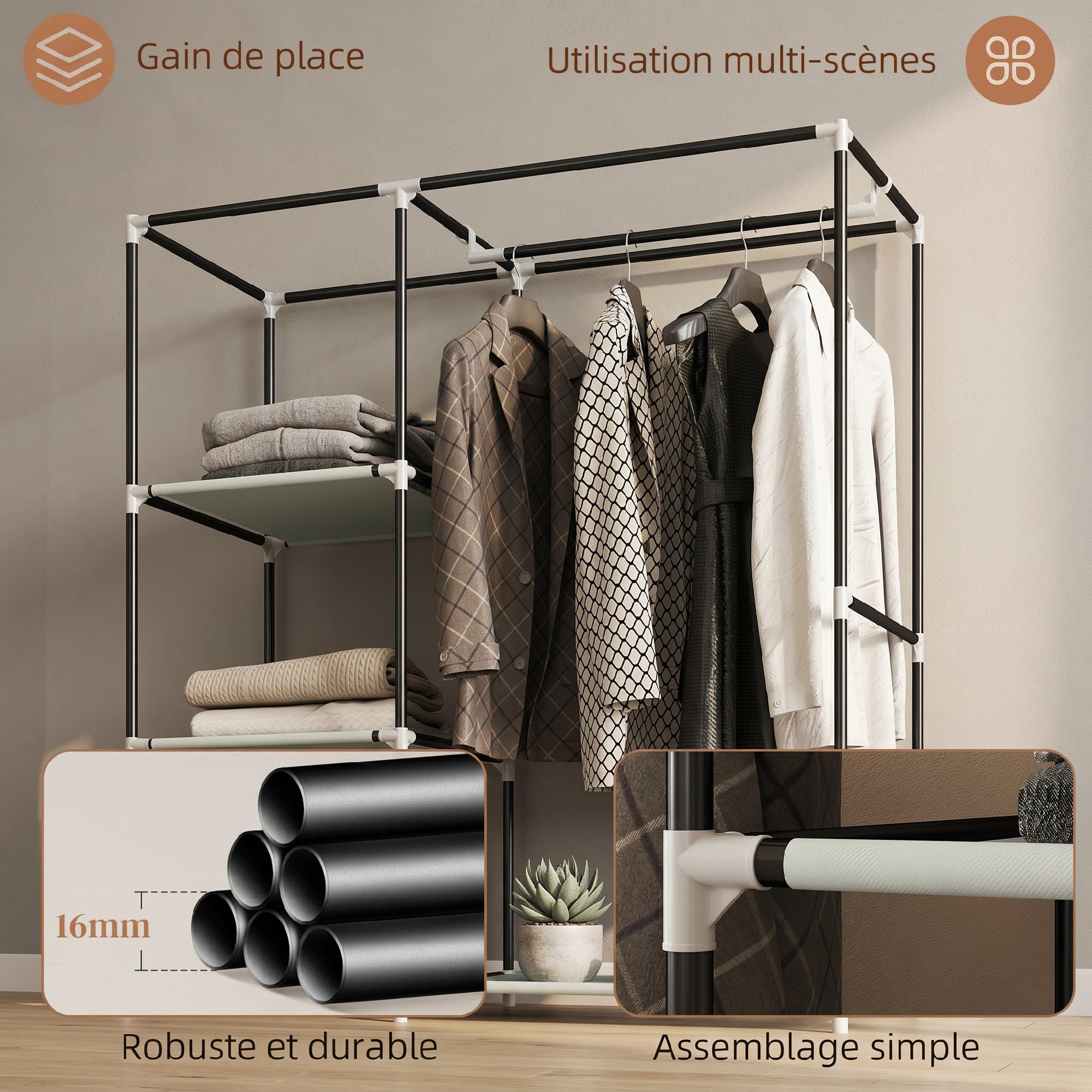 HOMCOM Armoire penderie en Tissu Meuble de Rangement Mobile 6 roulettes avec Tringle à vêtements et étagères Ouvertes penderie vêtement Dressing Roulant pour Chambre à Coucher 103x43x162,5cm crème