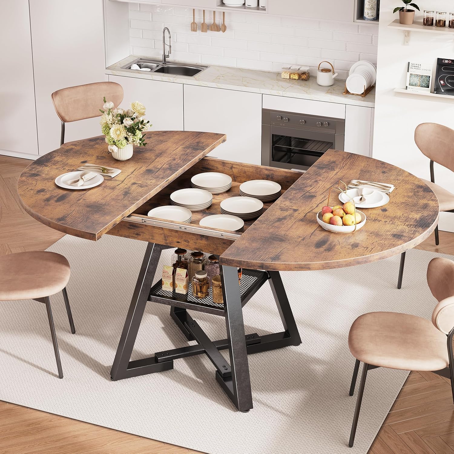 43‘’-57‘’ Extendable Round Dining Table for 4-6, Modern Industrial Kitchen Oval Dining Table with Removable Leaves, Space Saving Pedestal Base with Storage Shelf for Kitchen Living Room (Vintage)