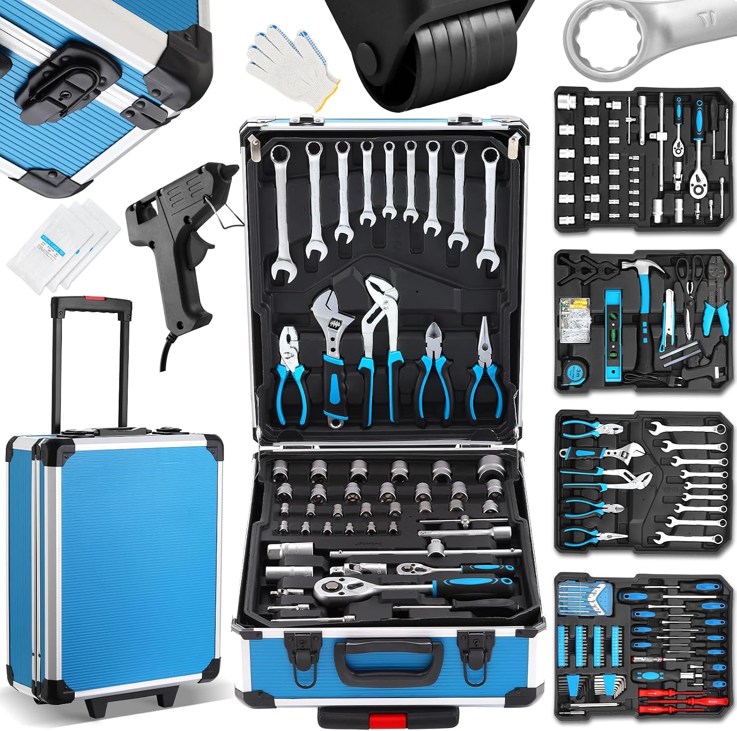 TEENO Filled Tool Box Tool Box 1000 Pieces Tool Box Tool Set Tool Set in Aluminium Case with Wheels Household DIY Repair Car Tool