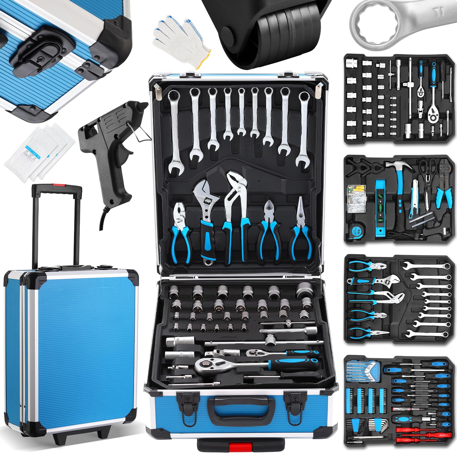 TEENO Boite à Outils | 1000 Pièces | Caisse a Outil en Chrome Vanadium | Outil Multifonction avec Valise Aluminium et Poignée Télescopique | Malette Outils Roulante pour Maison et Auto