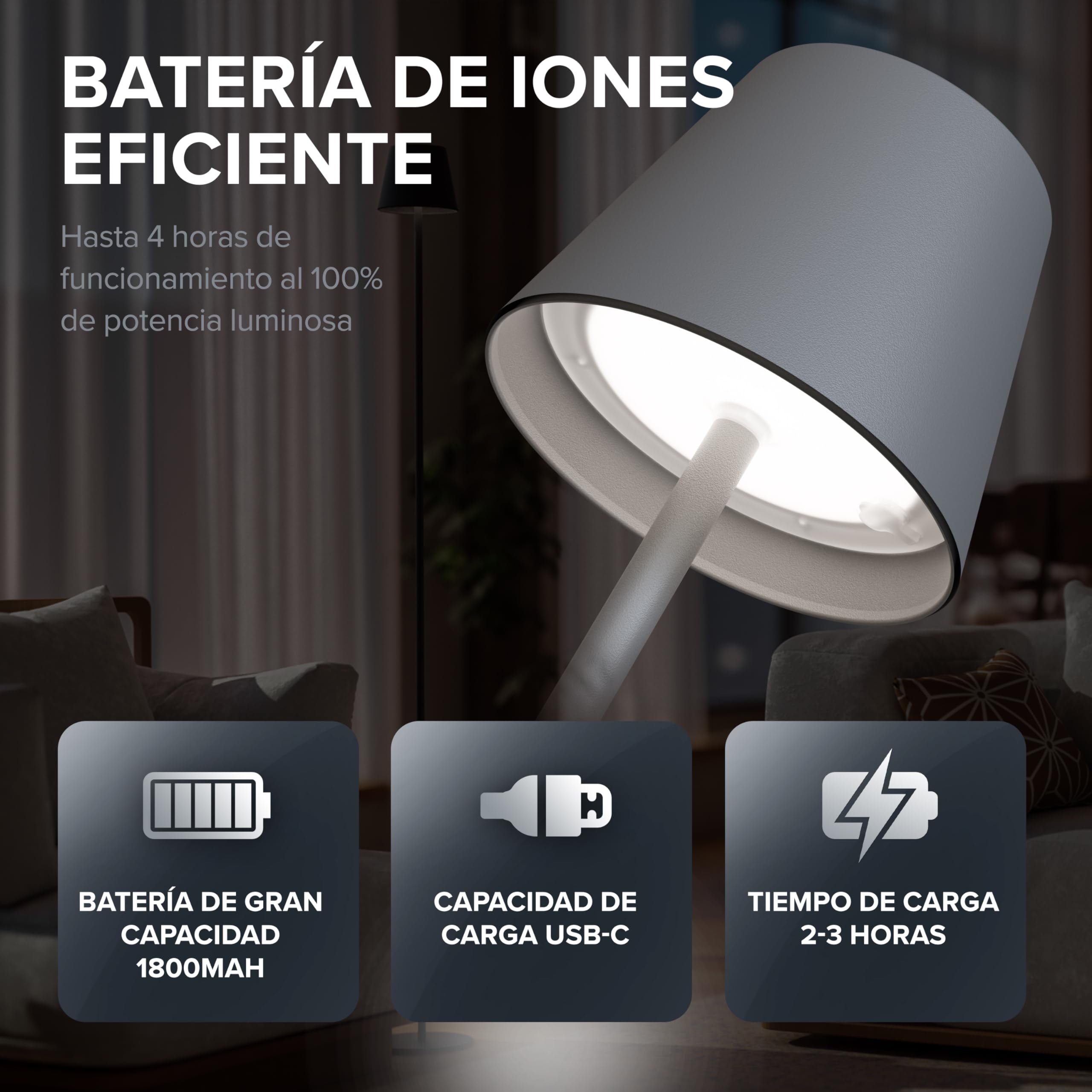OVITEC ovilum Matar Lámpara de pie LED en aluminio antracita para interior y exterior inalámbrica Regulable | Blanco cálido/frío USB C recargable | Resistente al agua IP44 | Diseño moderno en gris.
