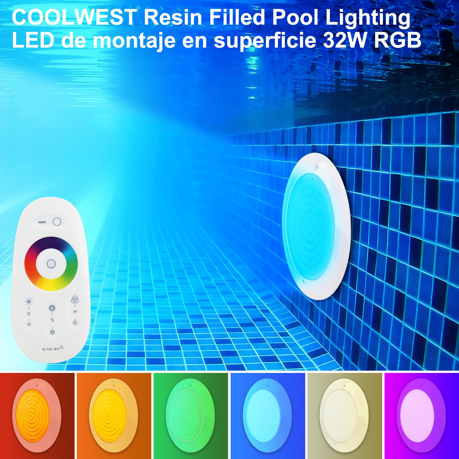 COOLWEST Resina llena de iluminación para piscina LED 32 W RGB, ultraplano, con mando a distancia, cambio de color, lámpara LED para piscina, IP68, resistente al agua, 24 V CC, montaje en superficie