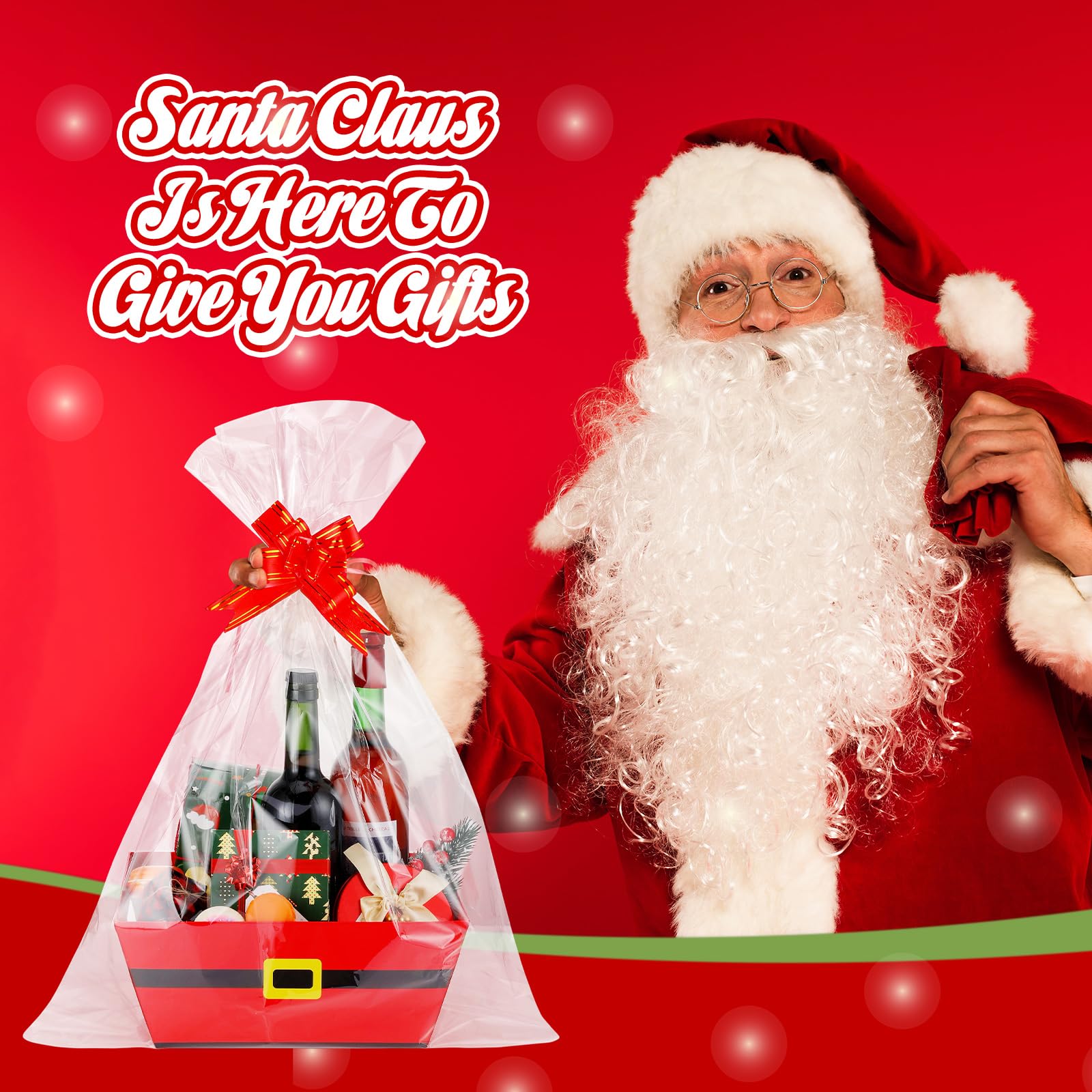 Sliner 12 Stück 25,4 x 30,5 cm große Körbe für Geschenke, leer, Weihnachtsmann-Gürtel, Weinkorb, Geschenk-Set mit Geschenktüten und roten Schleifen, roter Pappkorb, leer zum Befüllen für Geschenk,