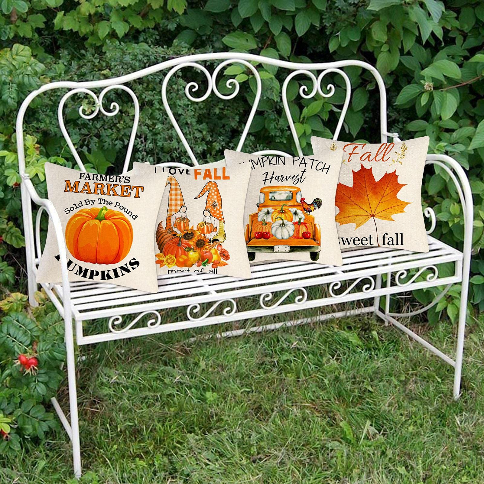 Fjfz Set Di 4 Federe Per Cuscini Decorative 45x45 Cm, Tema Autunno: Zucca, Caffè, Foglie D'Acero, Portico – Cotone E Lino, Cerniera Nascosta, Ideali Per Divano E Arredo Casa
