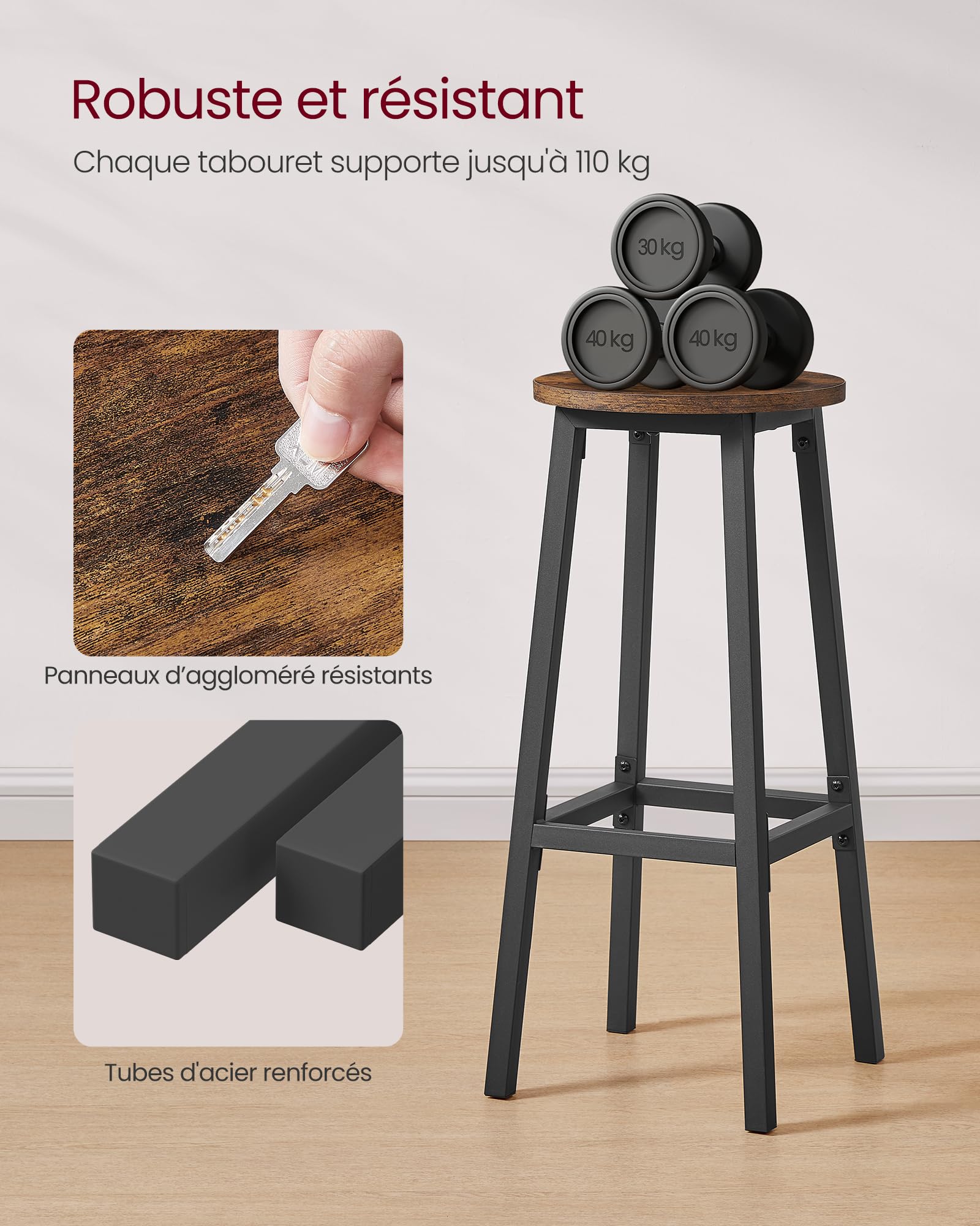 VASAGLE Tabourets de Bar, Lot de 2, Chaises, Siège Haut, Cadre Métallique, Montage Facile, Hauteur 74 cm, Repose-Pieds, pour Cuisine, Salon, Salle à Manger, Marron Rustique et Noir LBC132K01