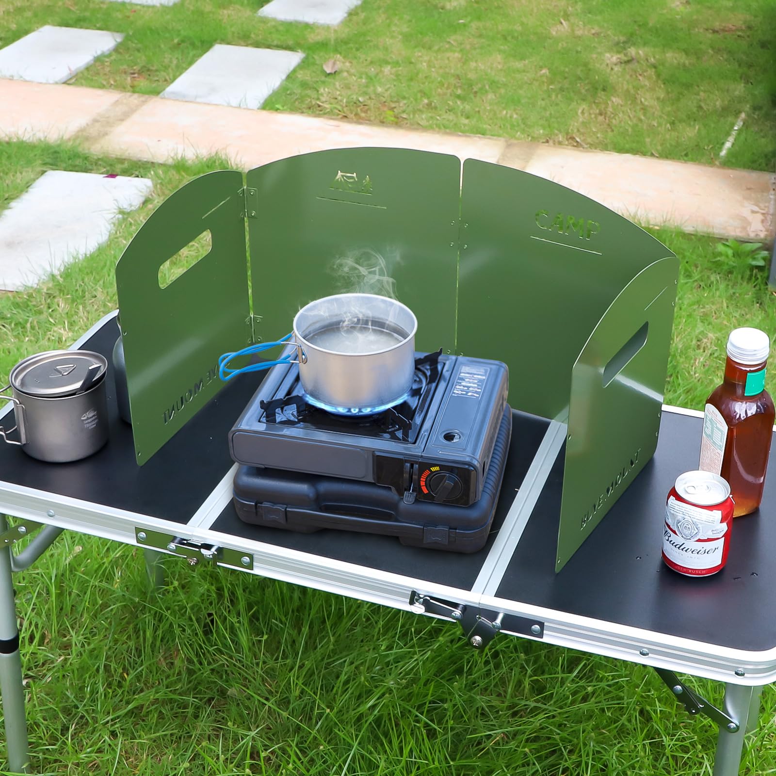 Parabrezza per fornello da campeggio Parabrezza per stufa con borsa stufa esterna parabrezza pieghevole a 5 piastre per trekking, picnic, cucina, accessori da campeggio (verde militare)