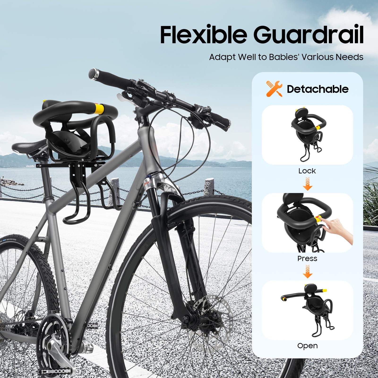 Asiento de bicicleta infantil delantero, Asiento de bicicleta ajustable para niños con pedales y respaldo de apoyo, Asiento de bicicleta para niños para bicicleta de montaña y bicicleta de