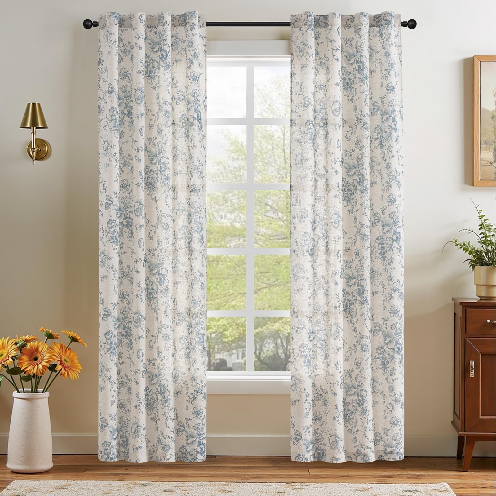 jinchan Linen Floral Curtains 84 Inch Length for Living Room Bedroom Light Filtering Farmhouse Peony Flower Drapes Rustic Window Curtain Set Rod