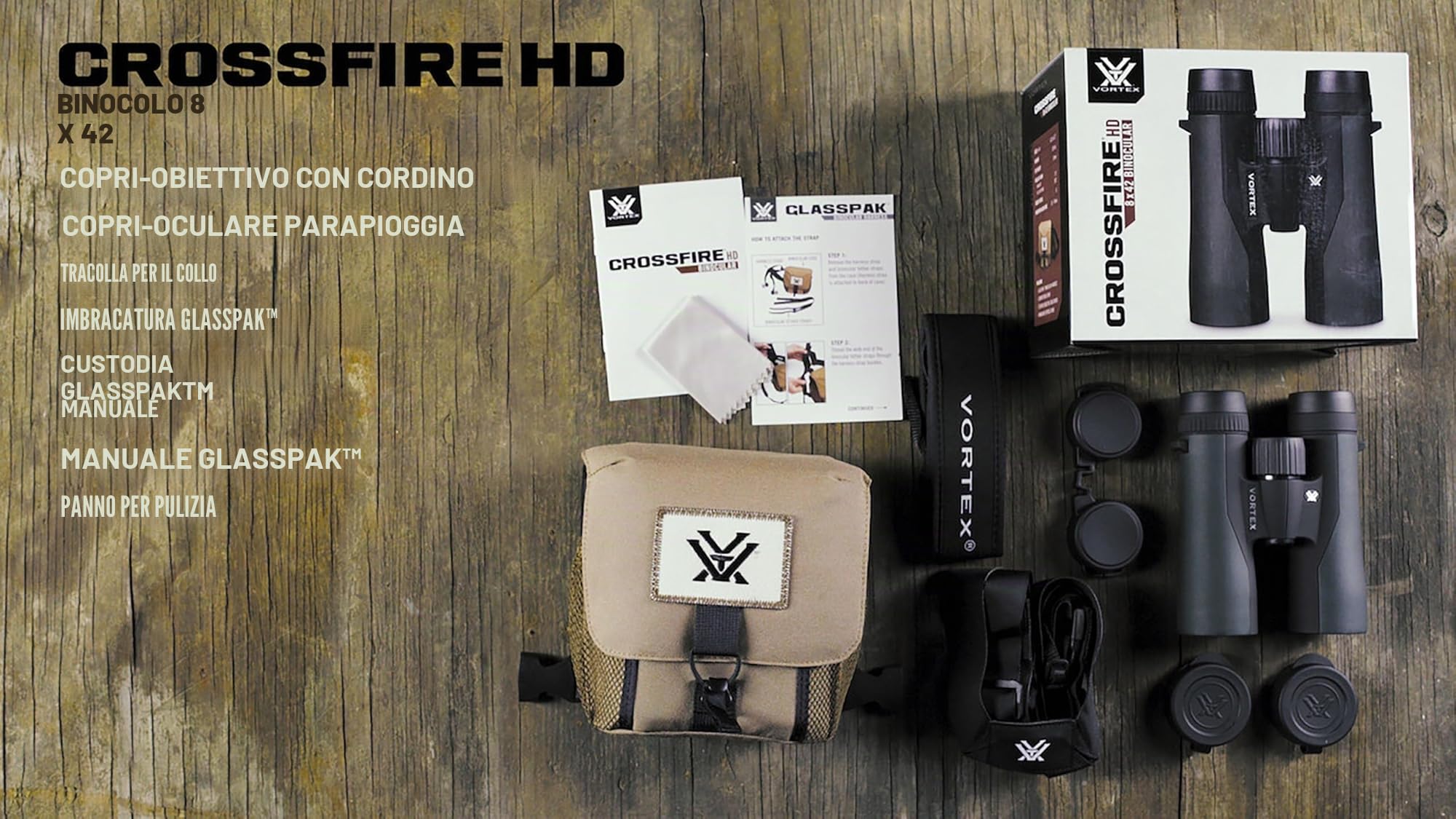 Vortex Optics Crossfire HD 8x42 - Binocolo ottico HD, treppiede adattabile, armatura in gomma, impermeabile, antiappannamento, antiurto, GlassPak incluso