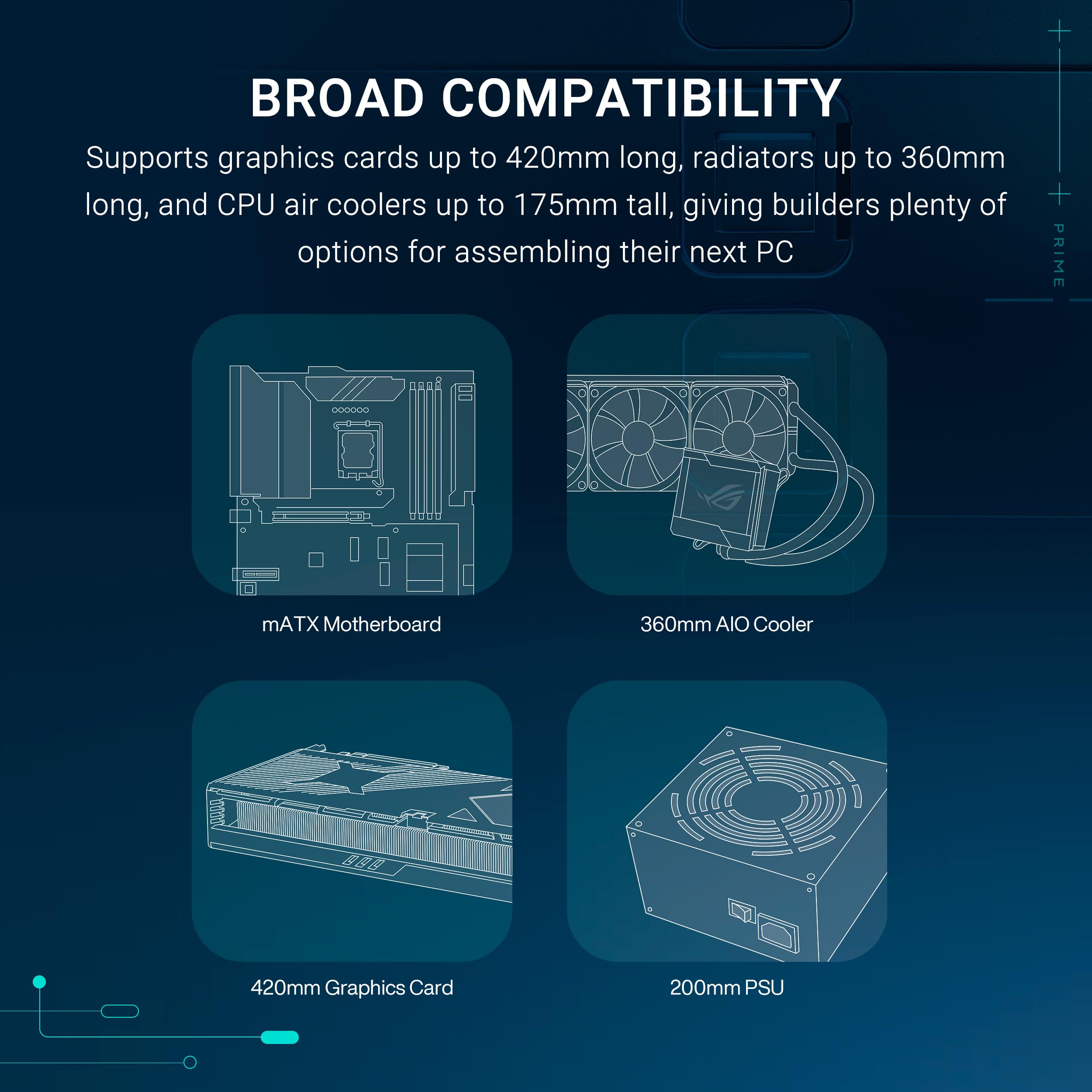 ASUS Prime AP202 ARGB (Noir) – Boîtier PC mATX (Verre incurvé trempé, Prend en Charge Les Cartes Graphiques jusqu'à 420 mm, radiateurs de 360 ​​mm de Long, 3 Ventilateurs ARGB intégrés)