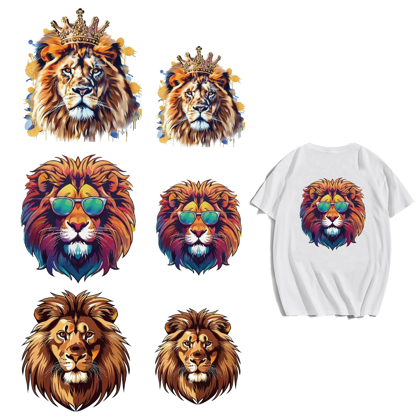 arricraft 6 Sheets Lion Head Iron on Decals Patches, Lion King Sunglasses Crown Iron on Stickers PET Washable Heat Transfer Stickers for DIY Men T Shirt Jacket Decor, 5.1inch 7.8inch(13cm 20cm) Long