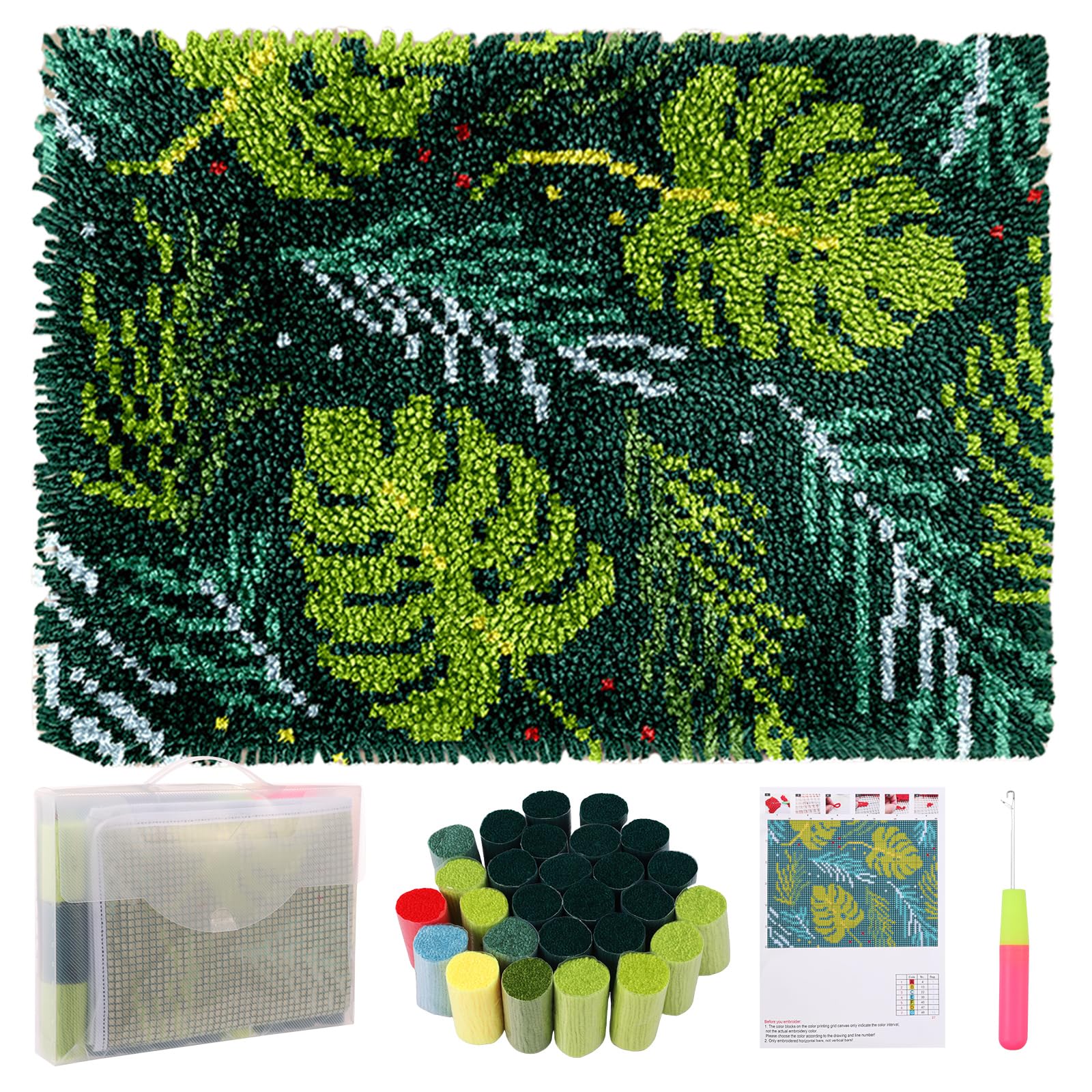 Latch Hook Rug Kit, 52x38cm Complete DIY Crochet Carpet for Adults Kids Beginners, Butterfly/Leaves Patterns Pre-Printed Canvas Yarn Rugs Hooking Kits,Creative Craft Home Decor for Learning Rug Making