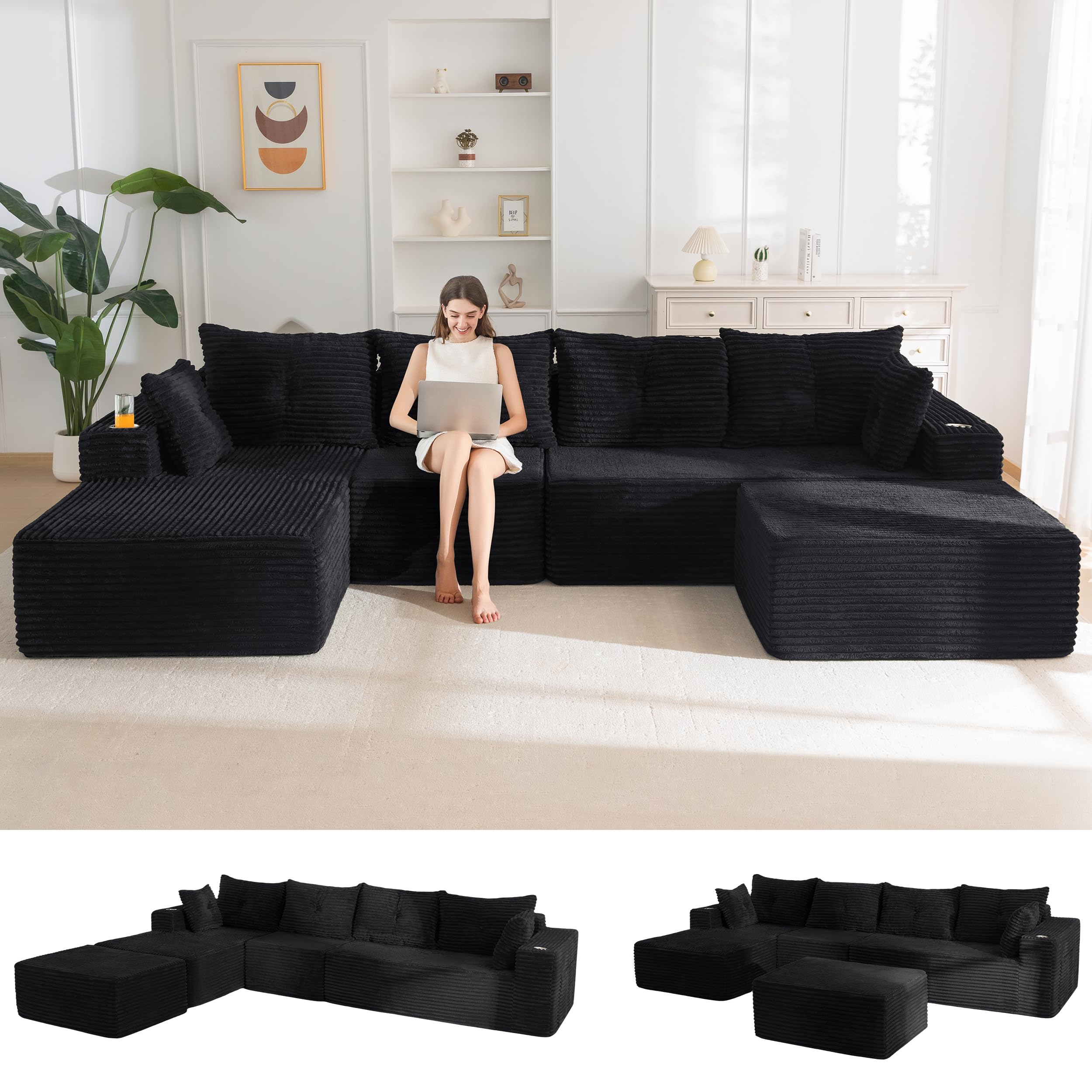 MAXYOYO 132 Giant U-Shaped Modular Sectional Couch Modern Boneless Couch for Living Room Sofa in A Box Oversized