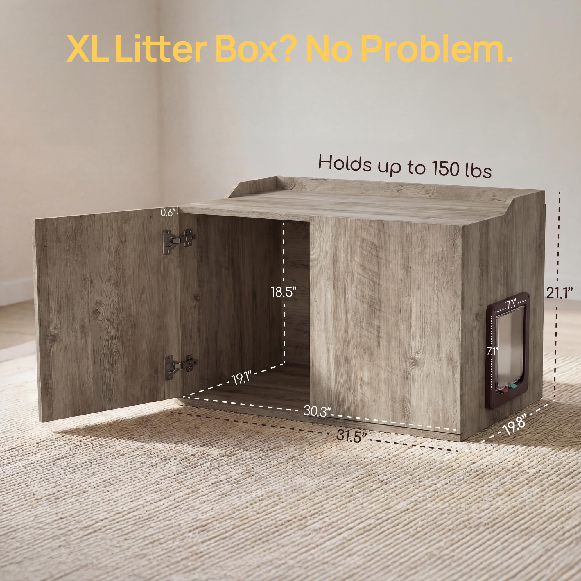 Cat Litter Box Enclosure Furniture with Cat Door, Extra Large Hidden Litter Box Cabinet for XL Boxes, 31.5" L x 19.8" W x 21.1" H, Wooden Cat Box Furniture Odor Control, Gray - image 6