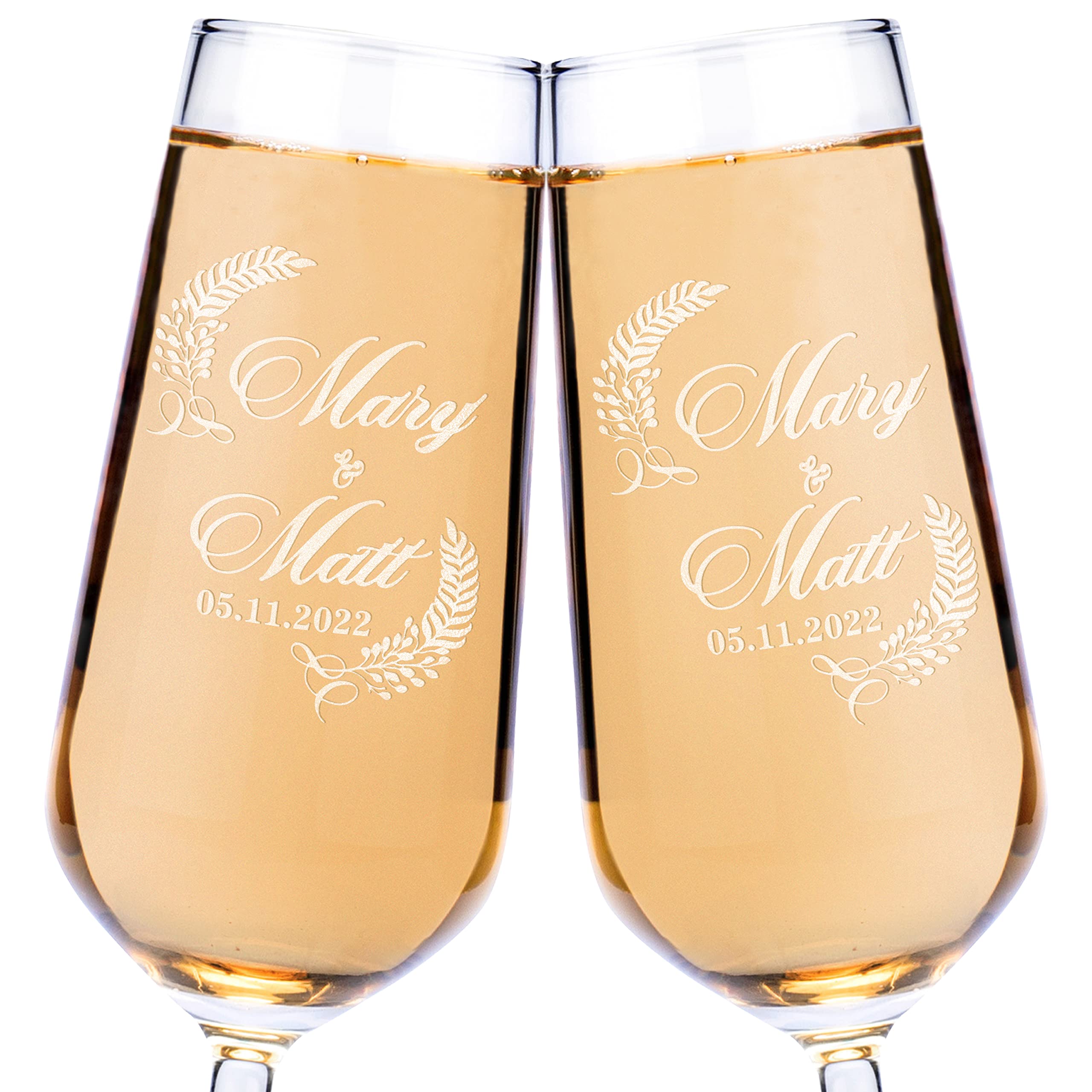 Set of 2, Personalized Wedding Flutes for Bride and Groom, 7 oz, Mr and Mrs Champagne Glasses for Engagement with Your Names and Date - D4