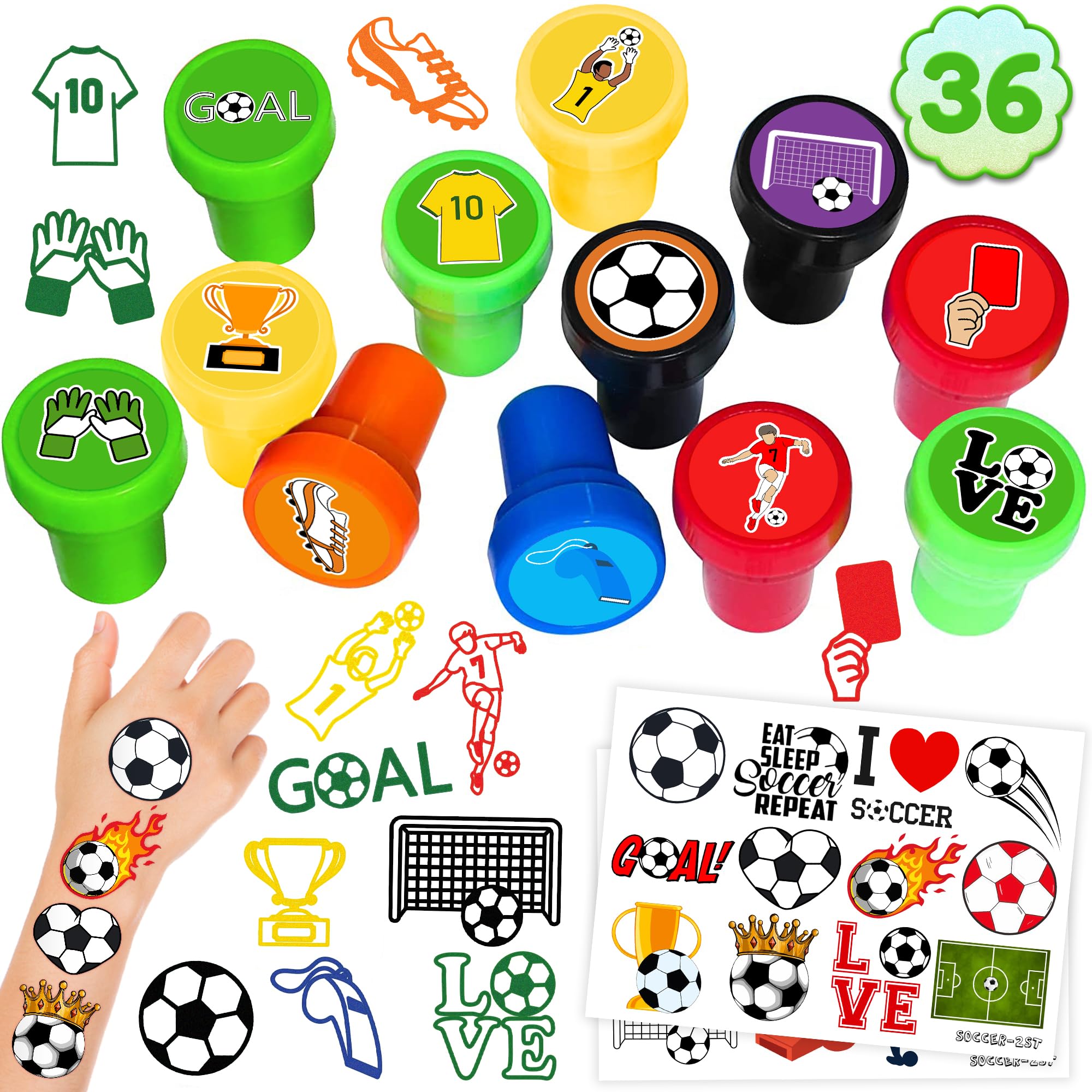 36PCS Soccer Party Favors - 24PCS Temporary Tattoos & 12PCS Stamps - Ideal Sport Ball Themed Birthday Card Decorations Supplies Goodie Bag Cute