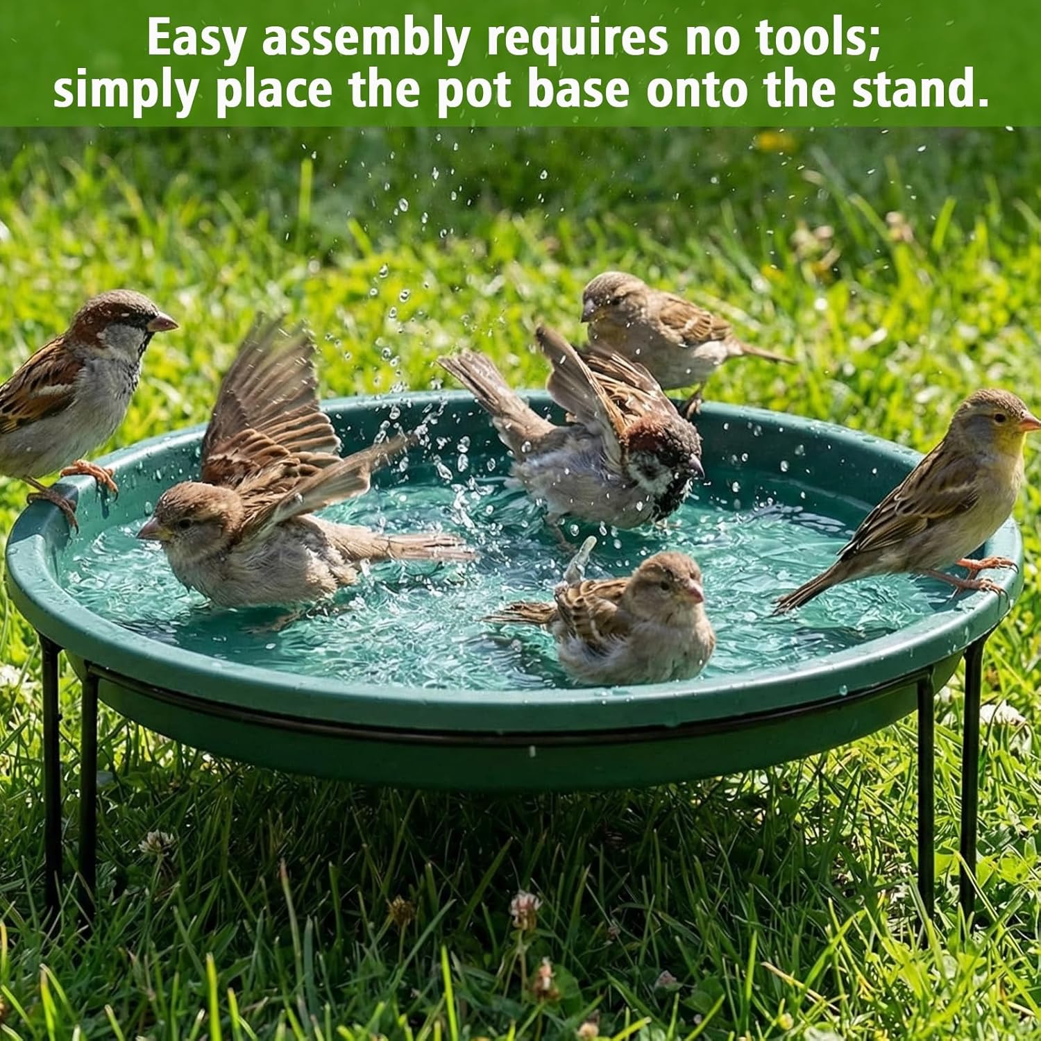 14.37“ Ground Level Bird Bath for Outside Floor Standing Large Bird Bath for Patio Garden or Deck Black Steel Wire Stand with Dish Outdoor Feeder Water Bowl (Green)
