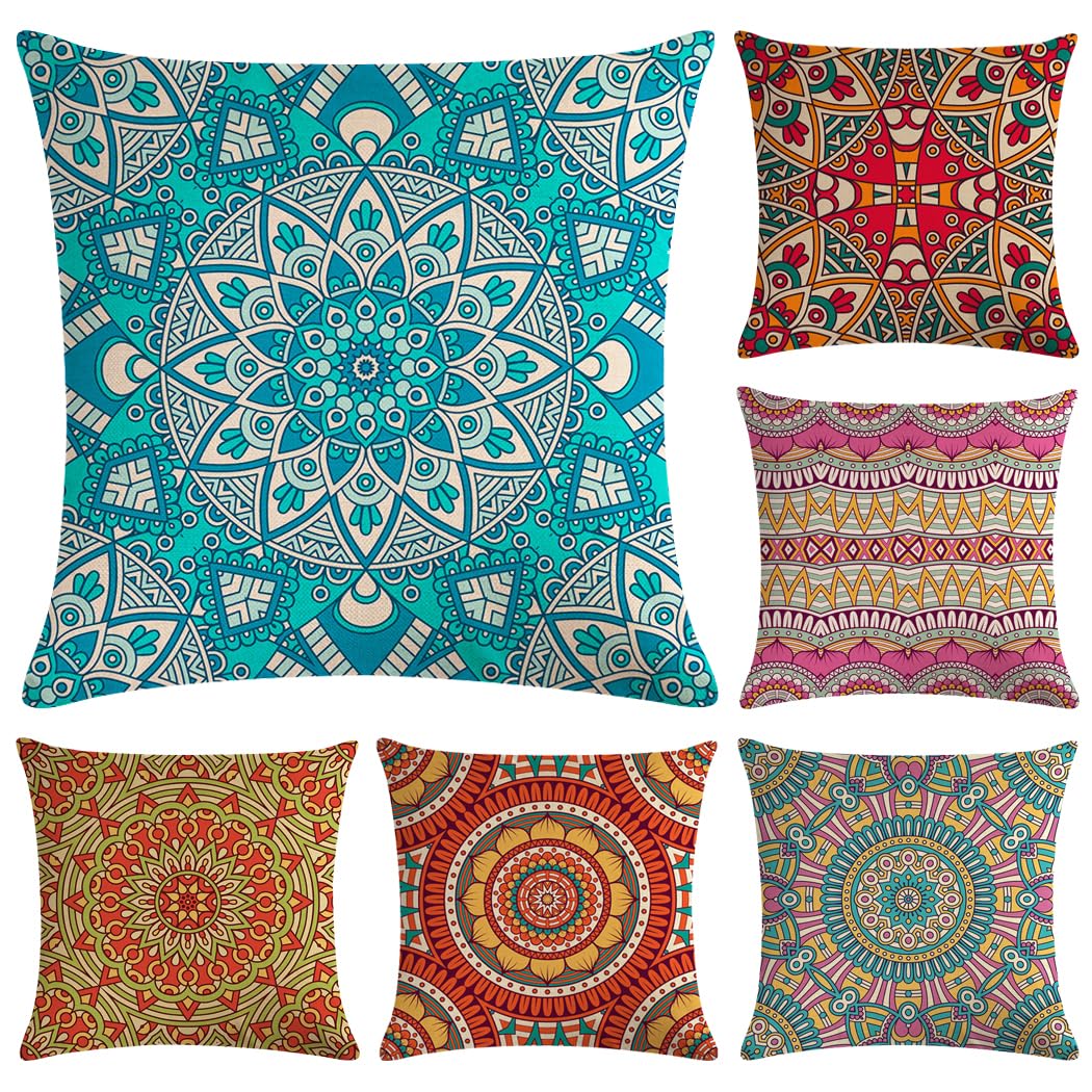 6 Pcs Modern Bohemian Mandala Cushion Covers 45 x 45cm, Bohemian Throw Pillow Cases Hippie Pillowcases for Sofa Couch Bed Chair,18 x 18 Inch,CASE ONLY
