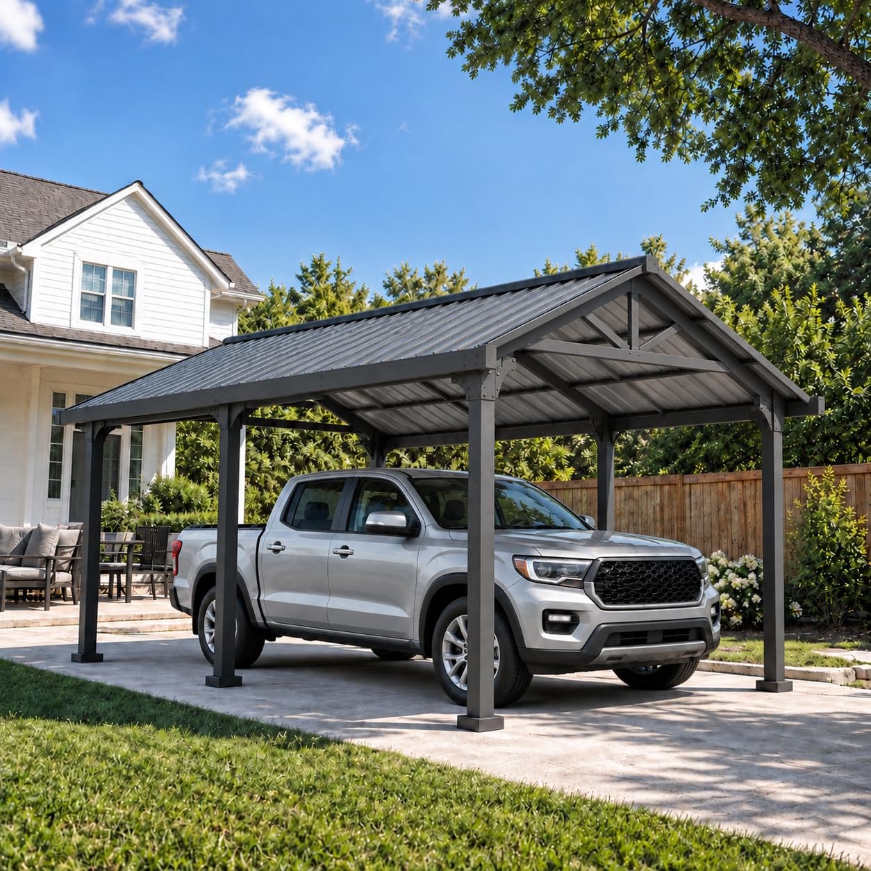 SUNJOY Abri de Voiture Extérieur 6,1 x 3,6 m, Toit en Acier Thermolaqué, Carport Robuste Heavy Duty, Protection UV & Imperméable, Pavillon de Jardin pour SUV, Camionnette et Voiture