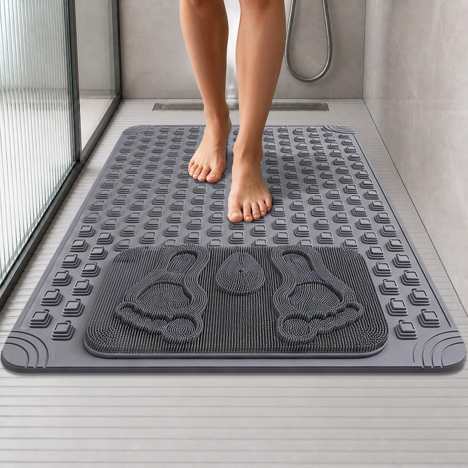 Lurowo Shower Mat Non Slip, 47x78cm Shower Mat With Foot Massage, Shower Foot Scrubber Mat For Inside, Anti Slip Shower Mat With Update Suction Cup And Drain Holes (Grey, 47x78 cm)