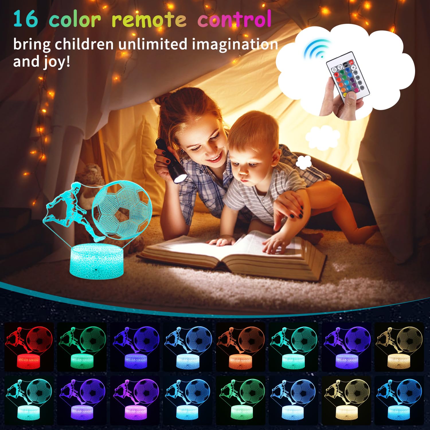 Yulado Fussball Geschenke Jungen Kinder Mädchen, 3D Nachtlicht Optische Täuschungs Deko lampe mit 16 Farben Ändern und Fernbedienung, Fußball Geburtstag Weihnachtsidee für Jungen Mädchen
