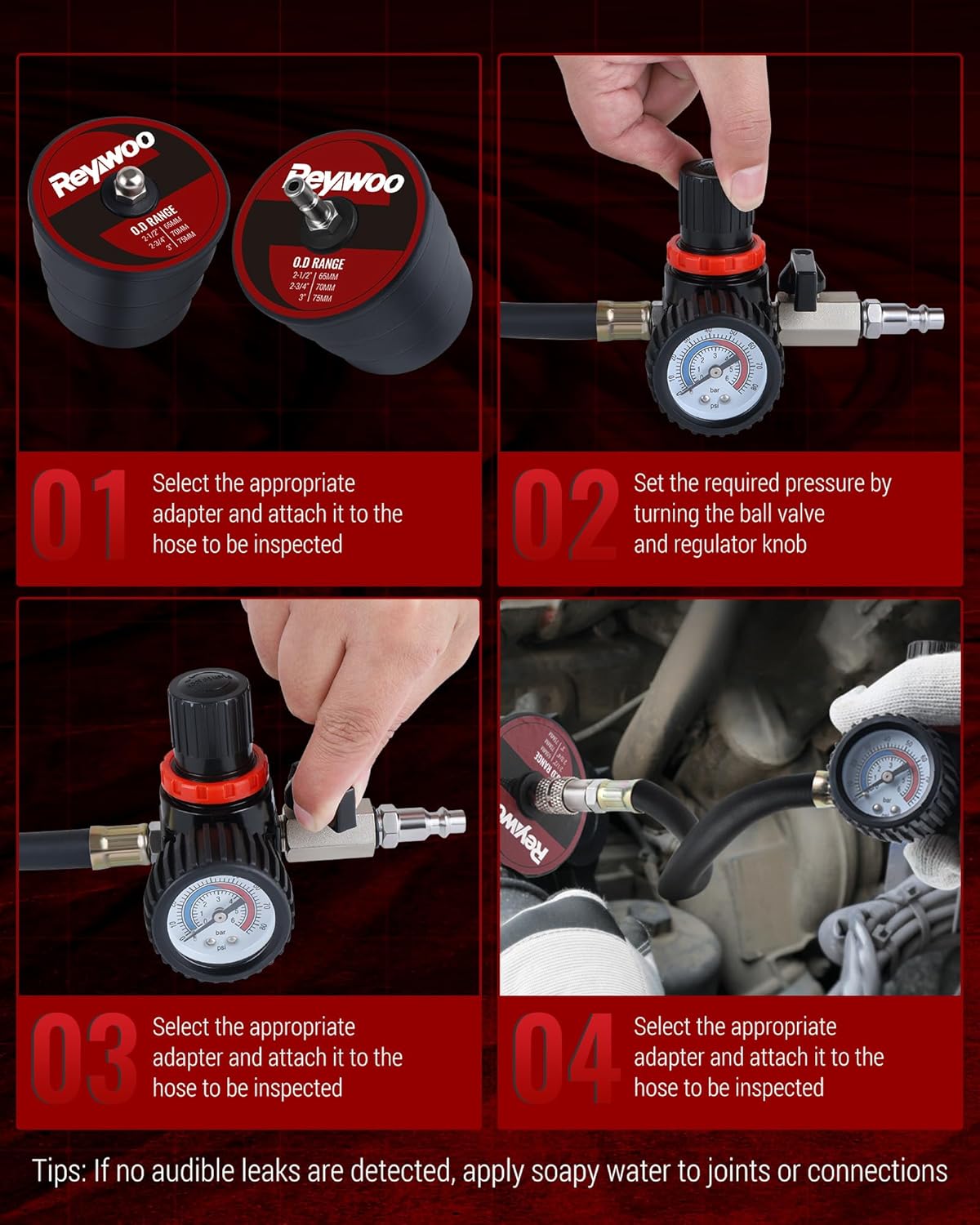 Turbo Boost Leak Tester Kit, 10pc Turbo System Leakage Tester Set with 4 Pairs of Stepped Adapters 1-3/8" to 3-1/2", Turbo Pressure Leakage Tester for Cooling Emissions Exhaust Pipes
