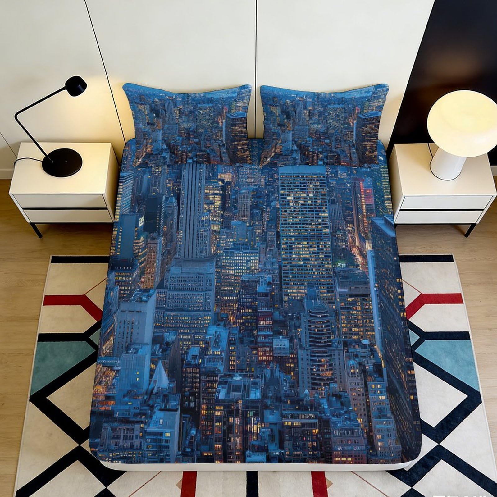 3D Printed Night Cityscape Fitted Sheet Microfiber Soft Durable Urban Skyline Bed Cover for Bedroom Dormitory Guest Room Mattress Protection 90x200x25cm