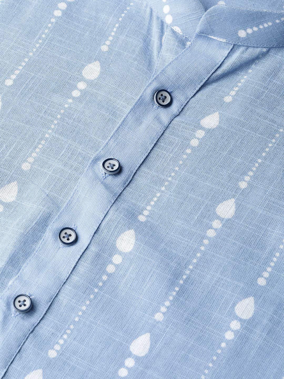 See Designs Men's Blue Printed Cotton Mandarin Collar Side Slit Kurta With Pyajama - Sd2Kt83301Xs