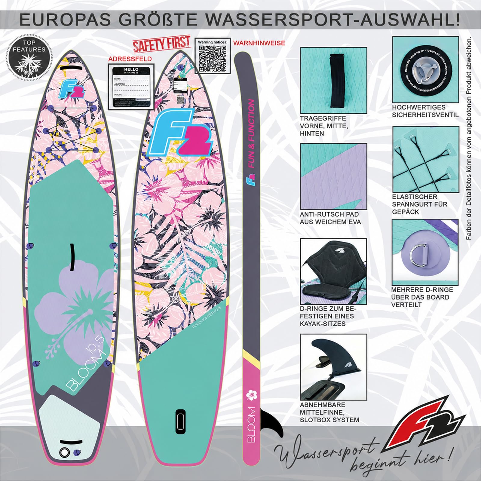 F2 SUP Stand Up Paddle Board Retro Bloom Hibiskus Damen-Größe wählbar