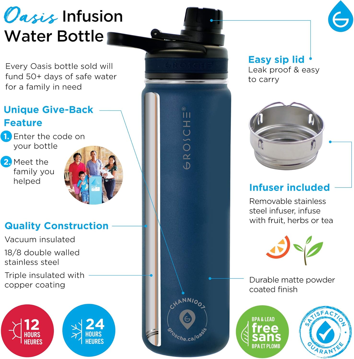 Buy Grosche Oasis 22 Oz 650 Ml Double Walled Stainless Steel Water Infusion Bottle Vacuum Insulated Infuser Water Bottle For Fruit Infused Water With Fruit Infuser Insulated Flask For Water Infusion