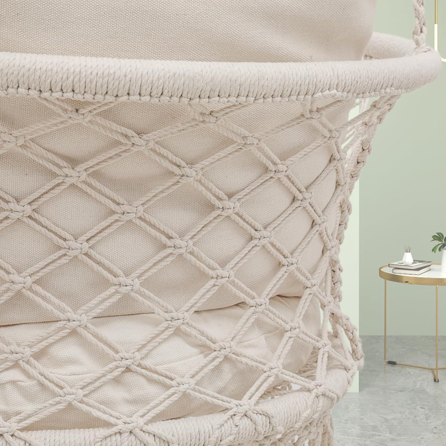 Athena Collection Hammock Swing Chair with Cushion, Outdoor Macrame Chair with Mounting Hardware, Max 350 Lbs, Large Cotton Rope Hanging Chair for Outdoor Indoor Porch Garden, Beige - Image 8