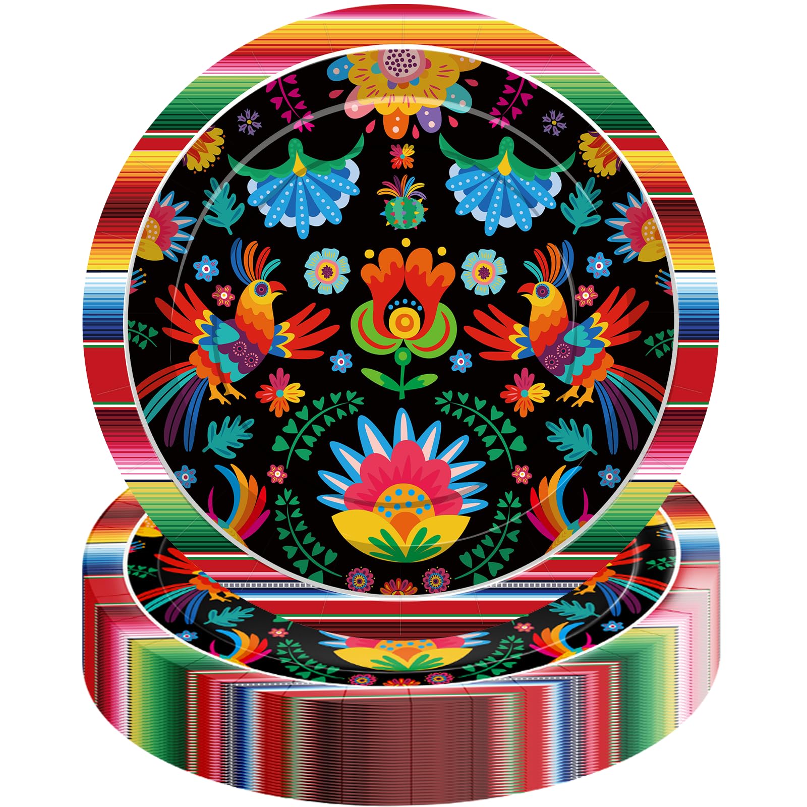 Pack of 50, 9-Inch Mexican Fiesta Paper Plates, Colorful Floral and Serape Stripe Design, Disposable Plates for Tacos, Snacks, Desserts, Cinco de Mayo