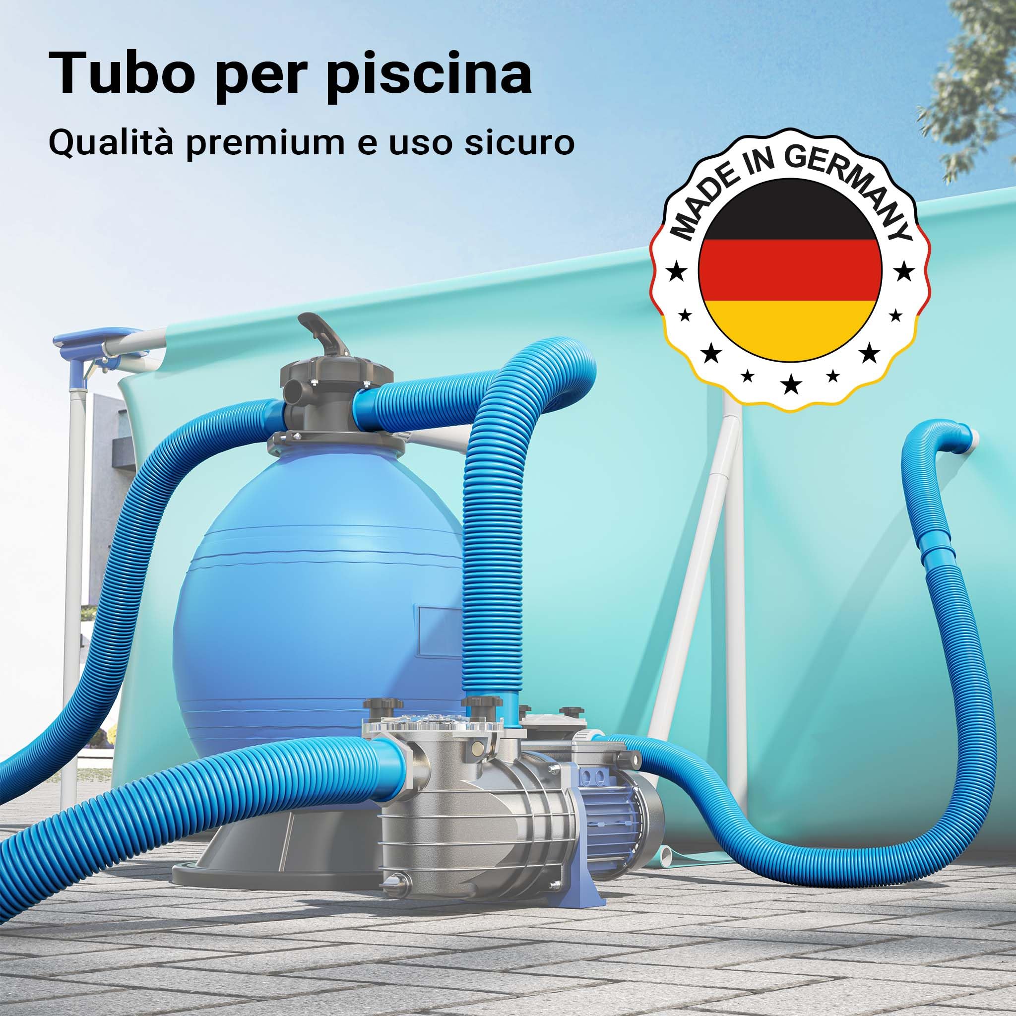 Wiltec Tubo per Piscina Blu, 30m Ø 38 mm, sezionabile Ogni 1,5 m, Galleggiante, in Resina 190 g/m Made in EU
