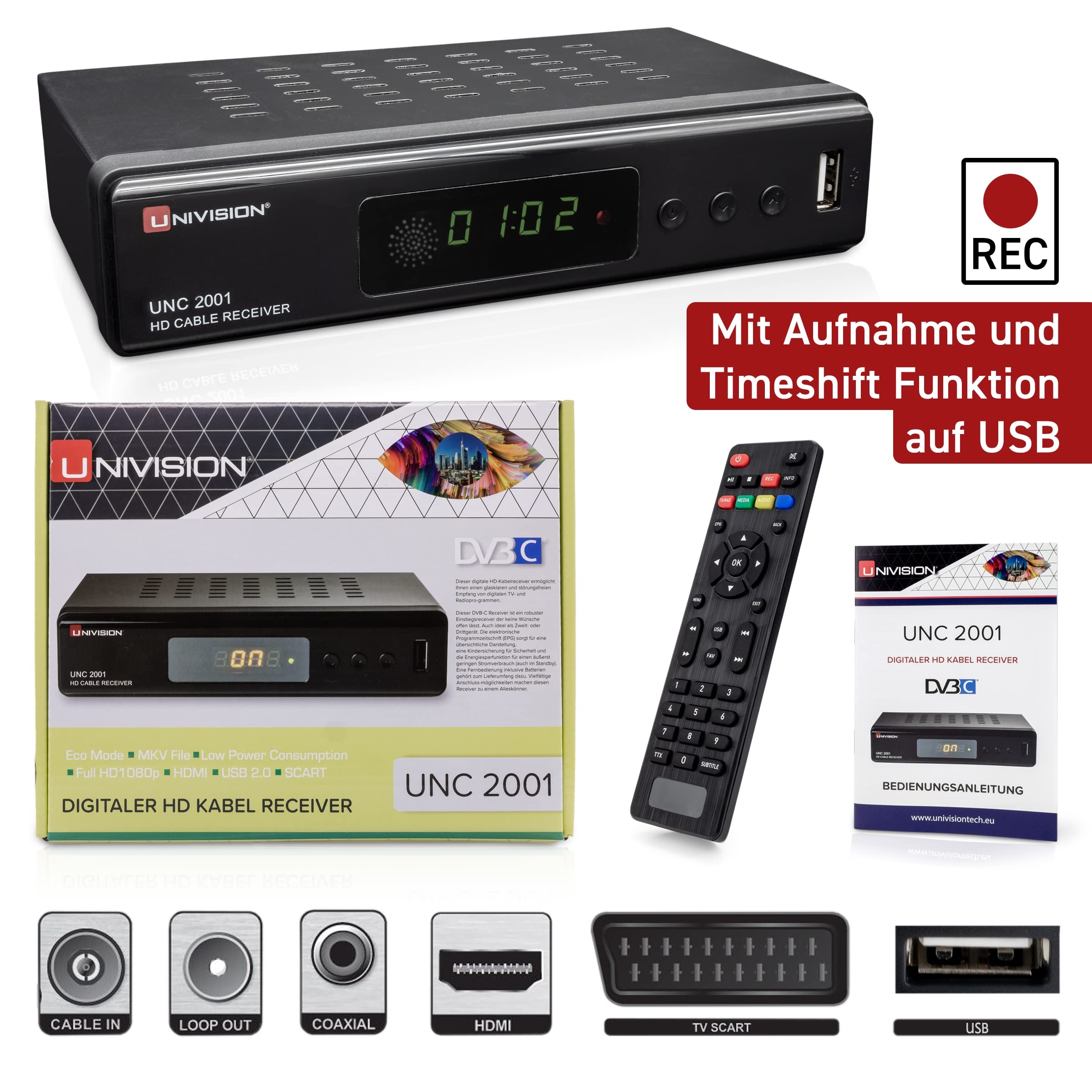 Full HD digitaler Kabel Receiver DVB-C / C2 mit Aufnahmefunktion PVR und Timeshift für alle Kabel-Anbieter mit HDMI | SCART | USB | Auto- Installation | Mediaplayer | 1080p | MKV