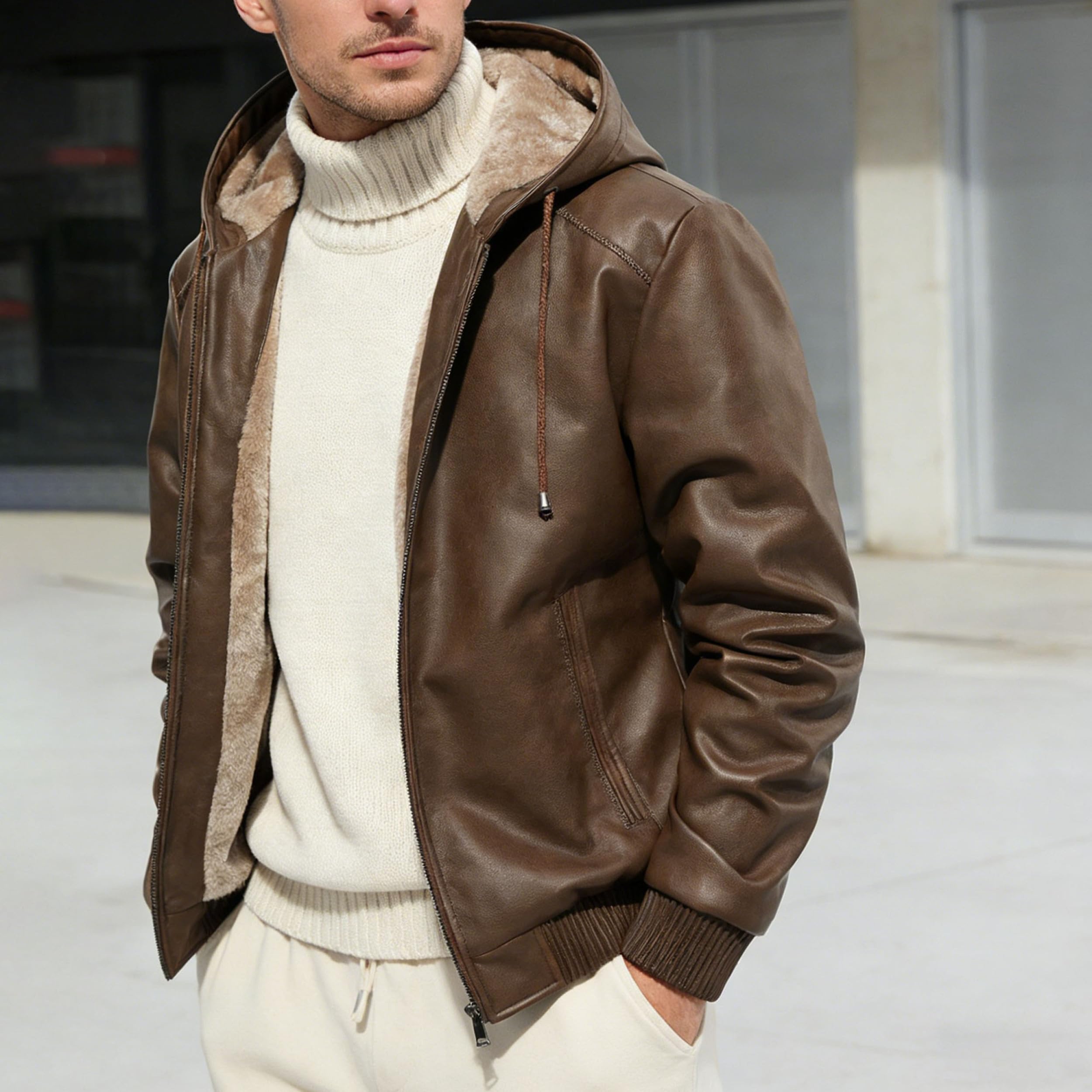 Chaqueta de motociclista de piel sintética cálida para hombre, con forro polar y capucha, abrigo invierno estilo motero, elegante abrigo para hombre