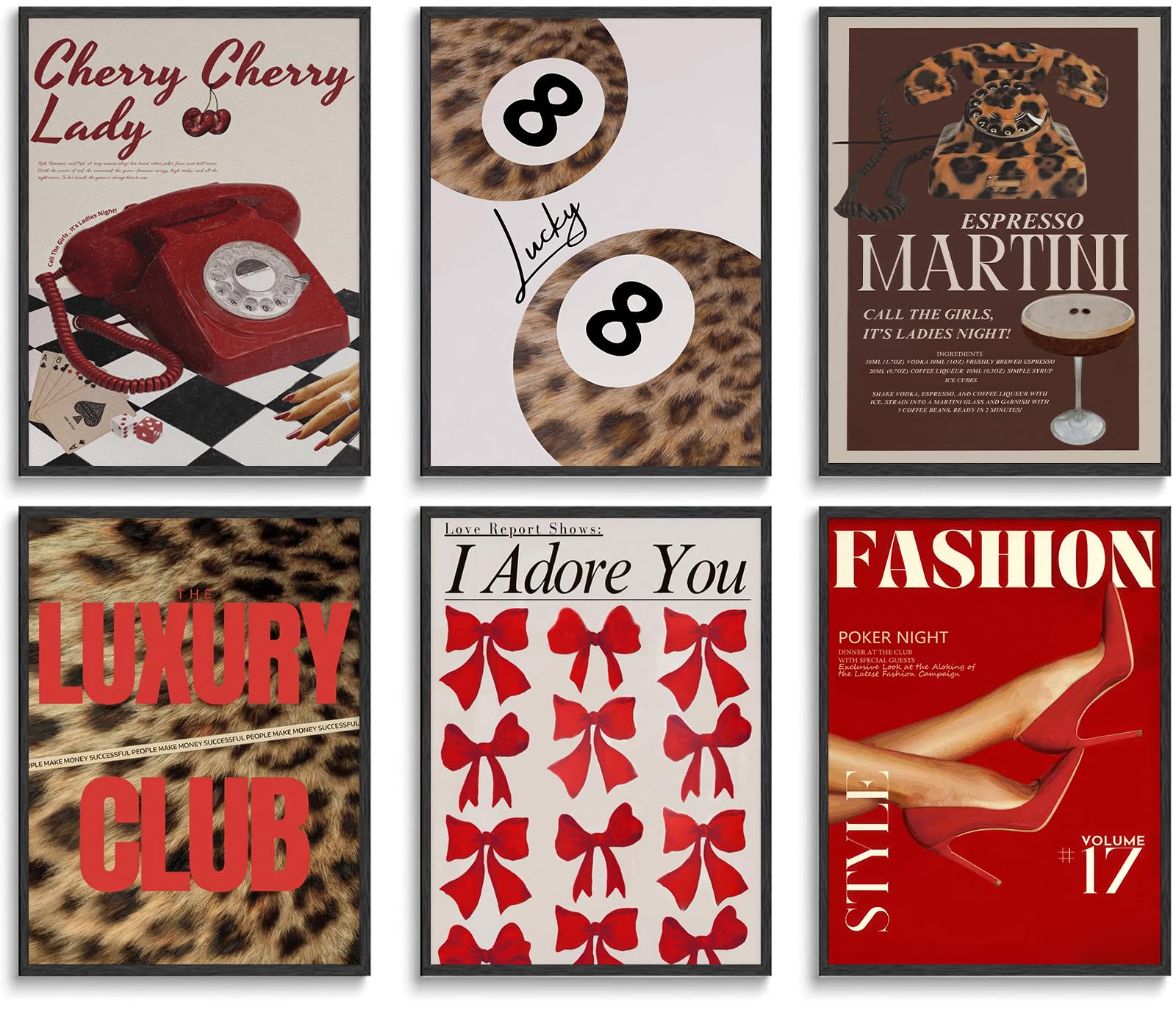 6Pcs Trendy Leopard Wall Art Gallery Girly Prints Red Fashion Wall Canvas Pictures Preppy Funky Aesthetic Lucky Decor posters prints for Girly Bedroom