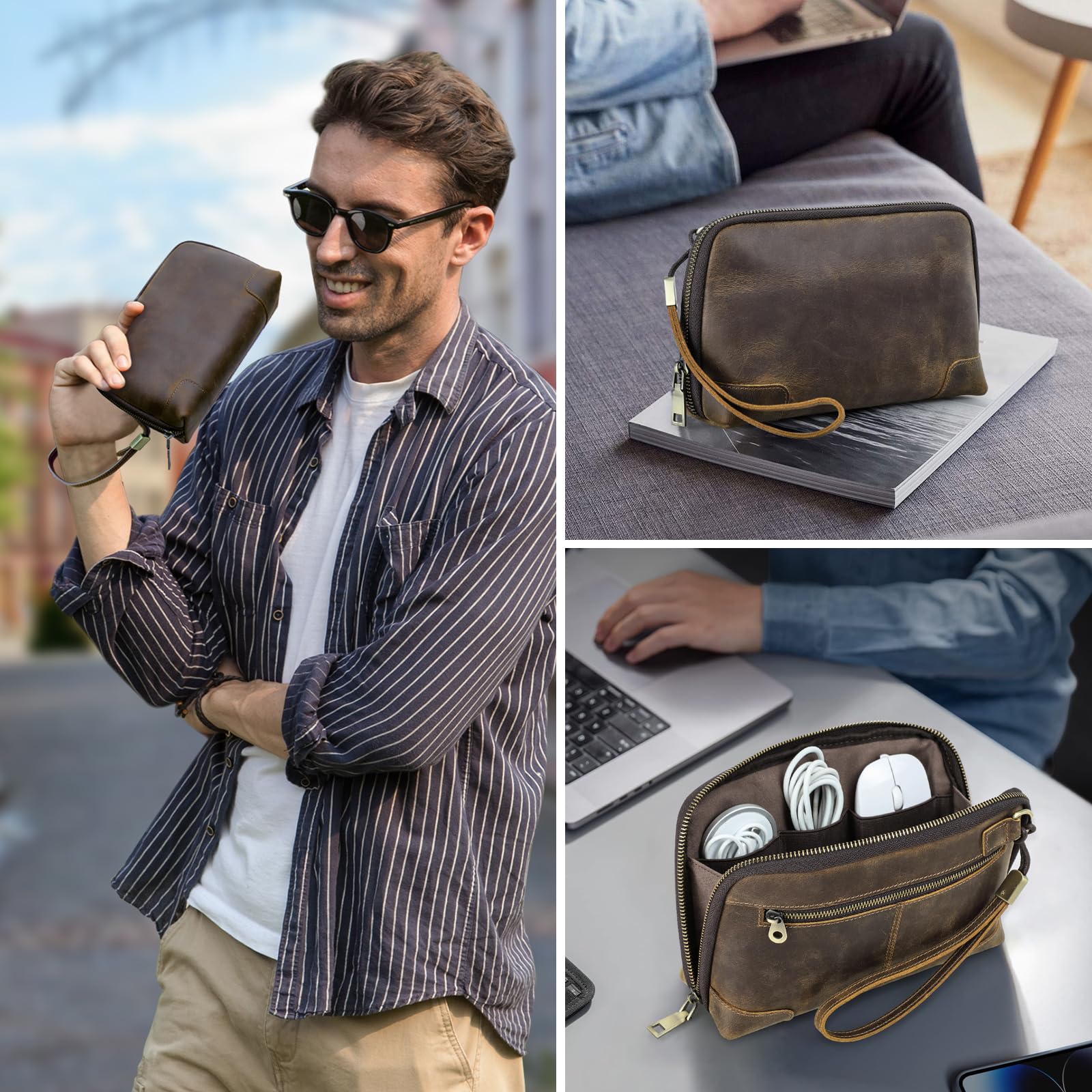 CONTACT'S Family Kabel Organizer Tasche, Kabeltasche Organizer Leder, Leather Elektronischer, Tech Pouch, Leder Kabeltasche