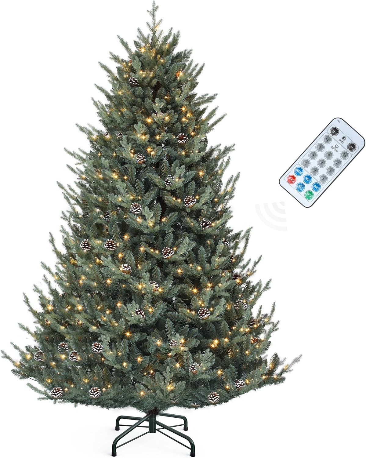 6FT Prelit Blue Spruce Christmas Tree with Remote, Pre-Decorated Artificial Hinged Hillside Spruce Fir Holiday Xmas Tree with 35 Pine Cones, 300 UL Listed Lights & 11 Light Modes
