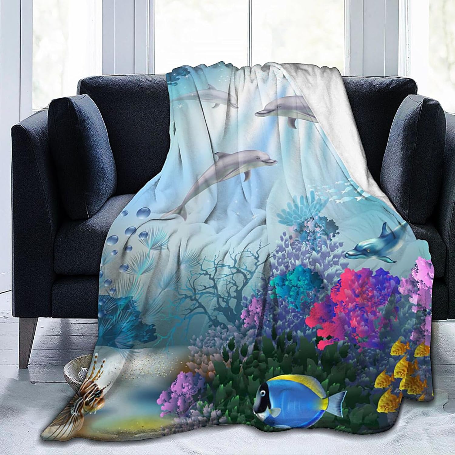 Ocean Animal Dolphin Blanket Soft Lightweight Throw Blankets Cozy Flannel Bed Throws for Sofa Couch Travel Home Room Bedroom Decor Gifts for Boys Girls Kids Adults 60"x50"