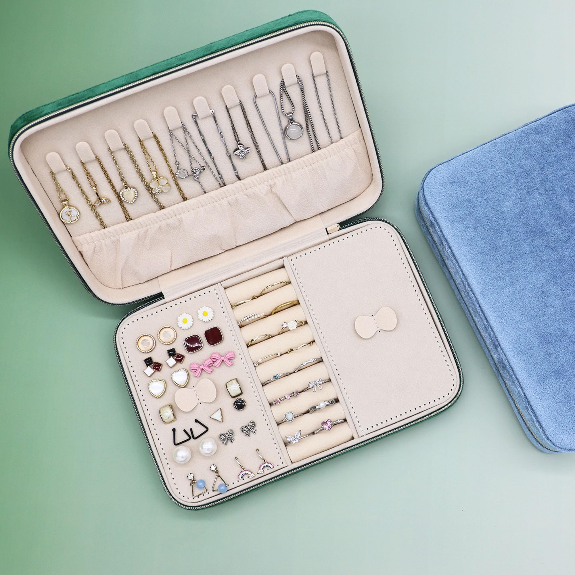 Boxudeli Sieradenkistje voor op reis, groot formaat, fluwelen sieradenetui, draagbare kleine sieradenorganizer voor oorbellen, ringen, kettingen, armbanden, reizen, sieradenopbergkoffer voor dames