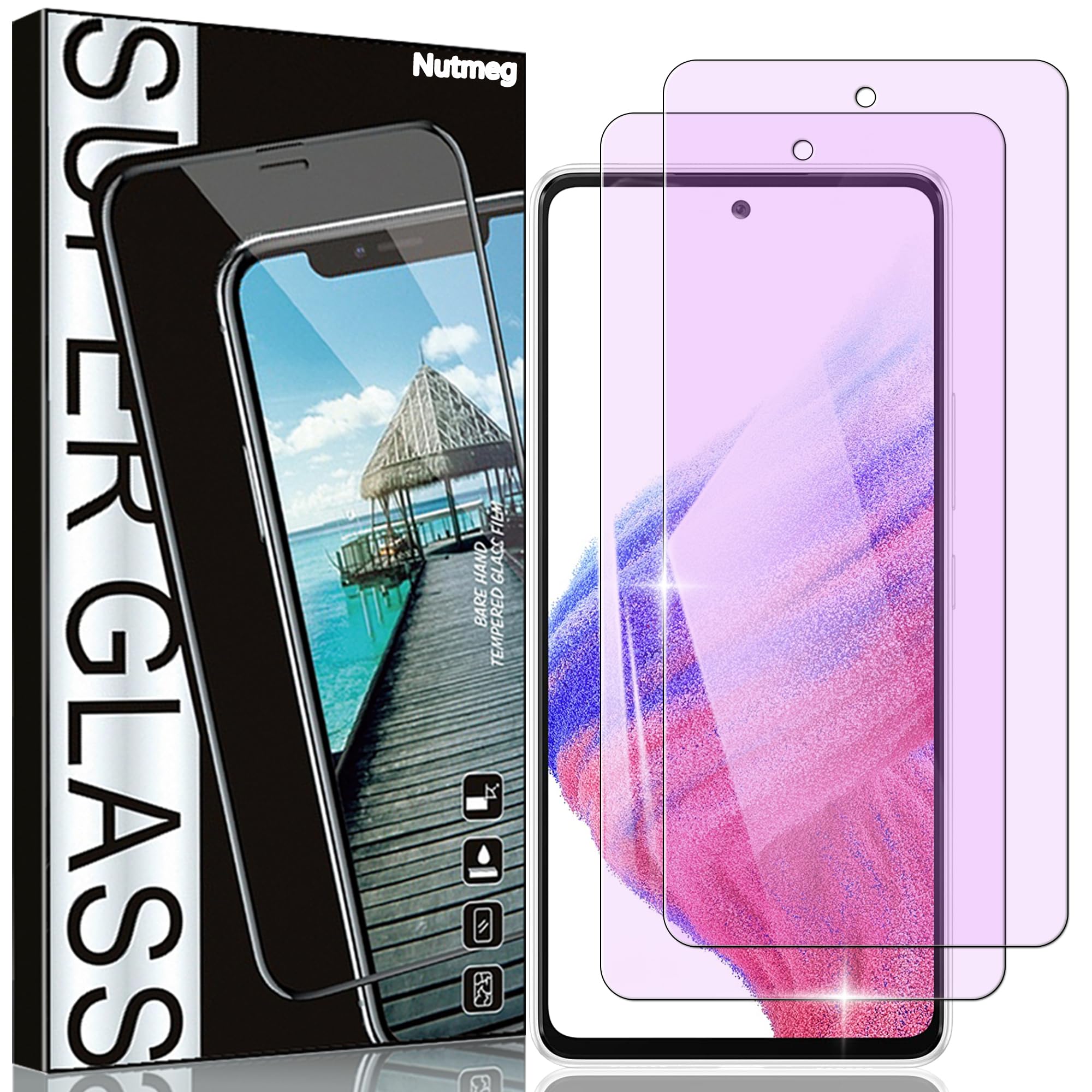 Nutmeg【2枚セット】対応 Galaxy A53 5G ガラスフィルム ブルーライトカット【日本旭硝子素材製】ギャラクシーA53 保護フィルム SC-53C SCG15 強化ガラス フィルム 目の疲れを軽減します 9H硬度 高透過率 反射防止 高光沢 撥油性 気泡なし 貼り付け簡単 耐衝撃 超高質感 飛散防止 高感度タッチ