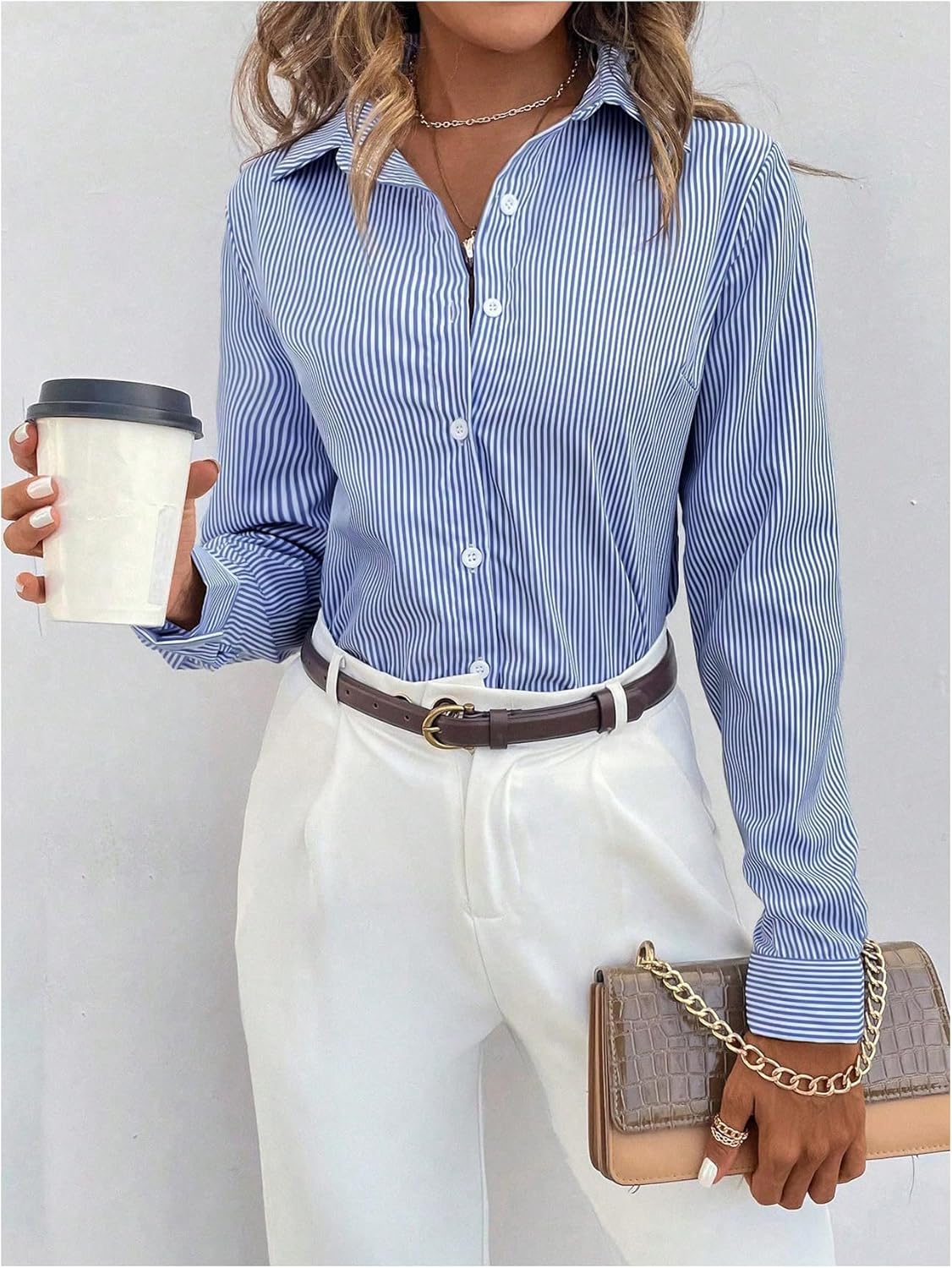 Milumia Women's Colorblock Striped Blouse Collar Long Sleeve Button Down Shirt - Image 2