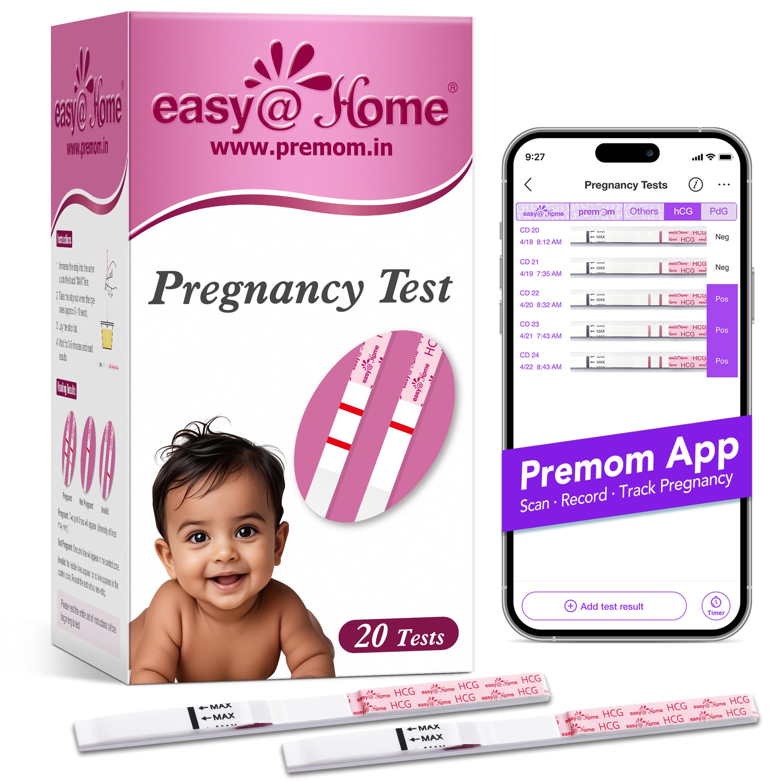 Easy@Home Pregnancy Test Kit: 20 Strips Test Pack for Early Urine HCG Detection - Sensitive & Precise Results in 5 Mins - Easy to Track with Premom App Support
