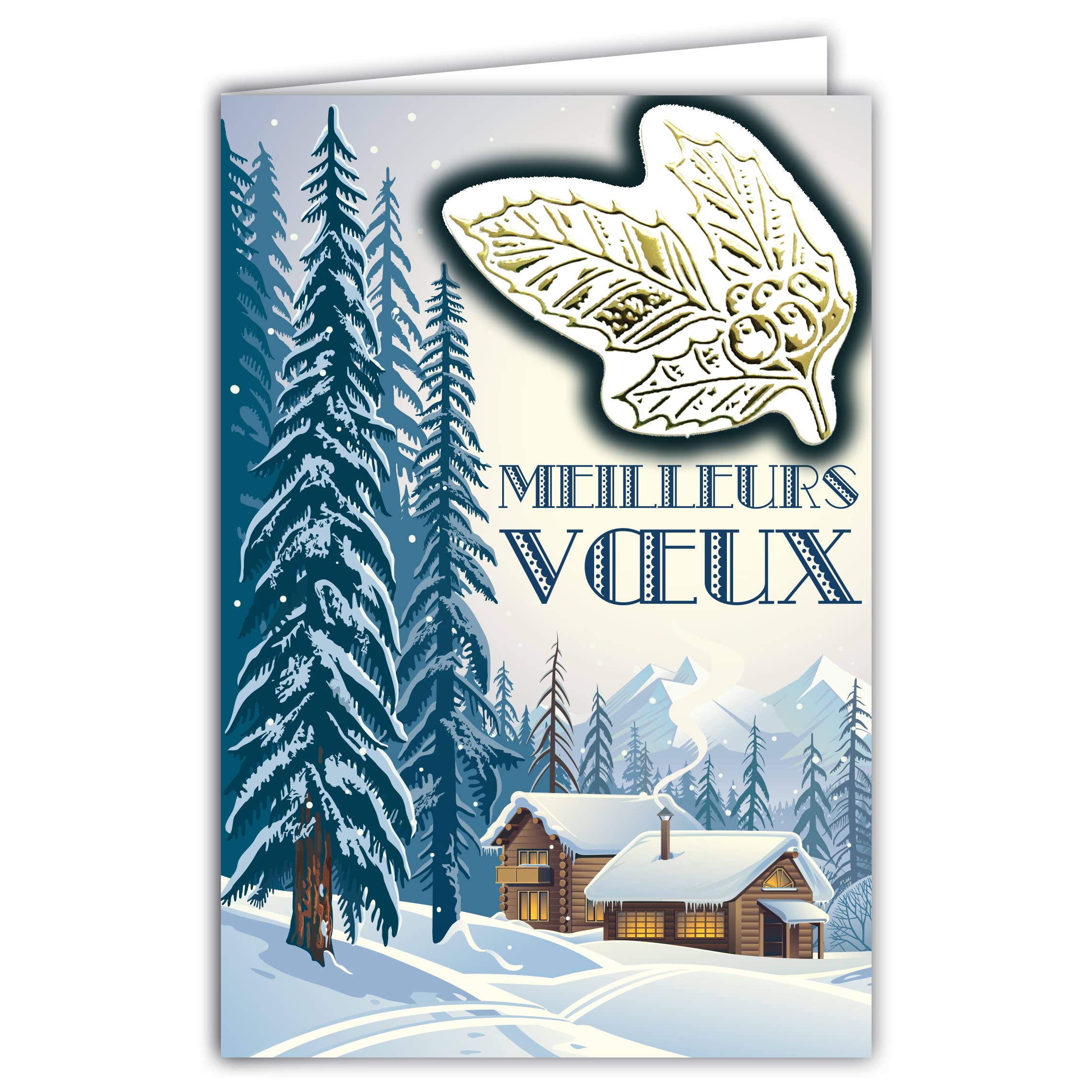 Afie 61-6008 Card with Envelope and Collage Embossed Gold Holly Shiny Wishing a Happy Year Present His Best Wishes Chalets Fir Forest Under the Snow Mountain Winter Sports