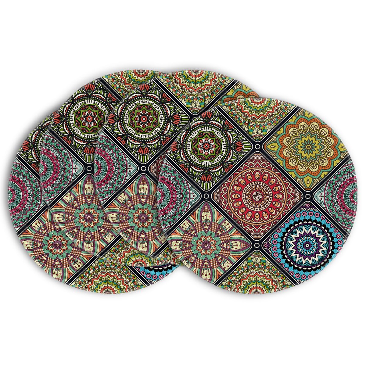 Lot De 6 Sets De Table Ronds - Style Bohème - En Jute Tissée Avec Pompon Mandala - Bohème
