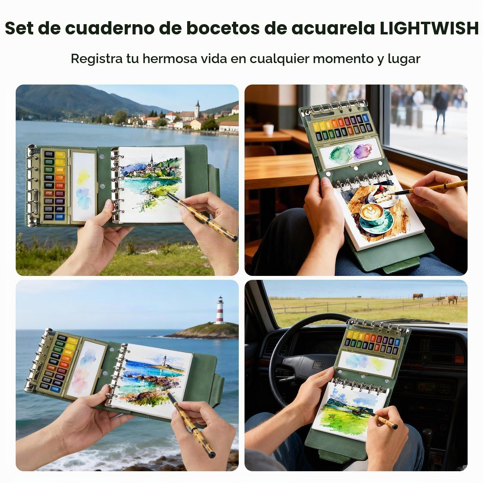 LIGHTWISH Set de Acuarela Profesional de Viaje | Bloc 11x13 cm con 20 Hojas de Papel 100% Algodón Prensado en Caliente | Incluye Paleta de Cerámica y Pincel de Agua | Ideal para Urban Sketching y Pint