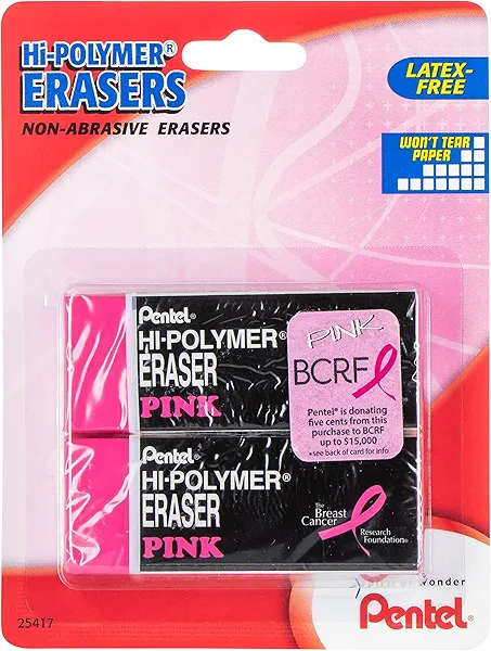 Pentel PINK BCA Hi-Polymer Block Eraser, Large, Pink, Pack of 2 (ZEH10BCBP2)