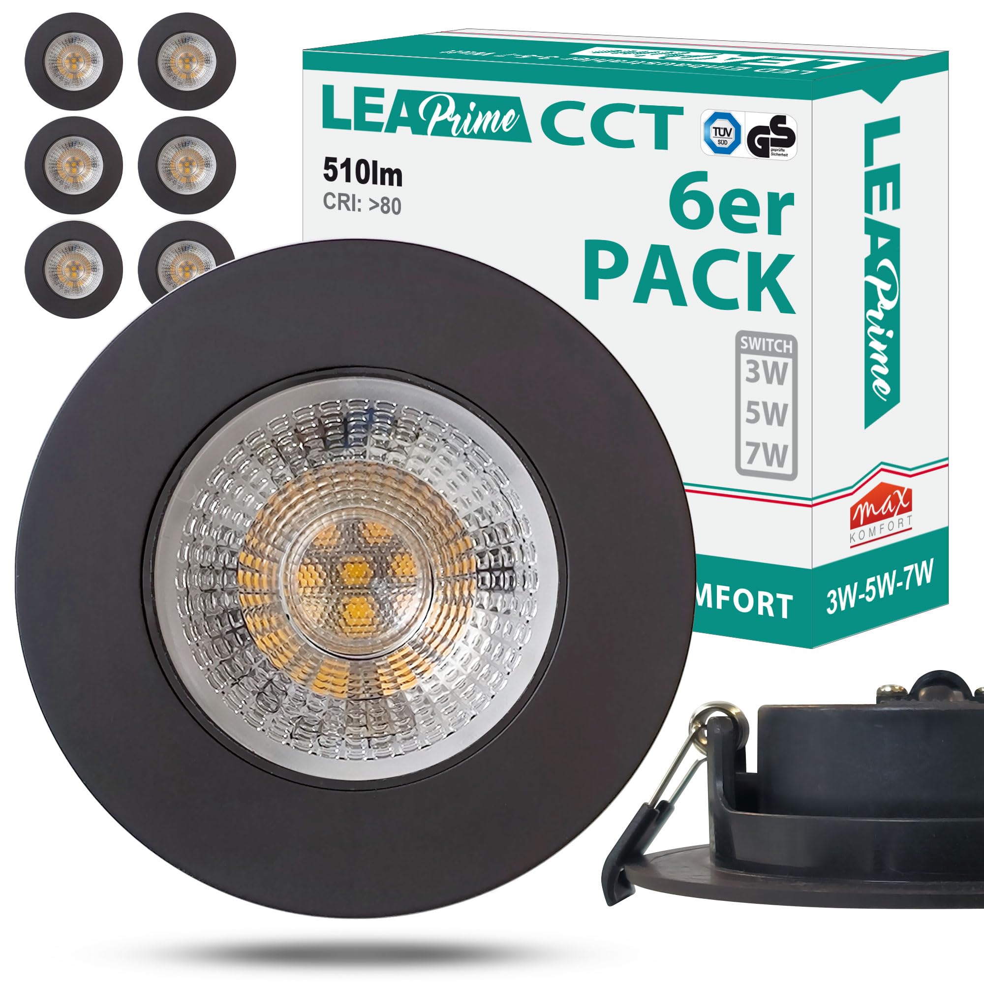 max K O M F O R T 6er SET LED Einbaustrahler LEA-Prime, 3W-5W-7W Einstellbar Warmweiß, Neutralweiß, Kaltweiß, IP20, 230V, ultra flach - Deckenspot in Schwarz